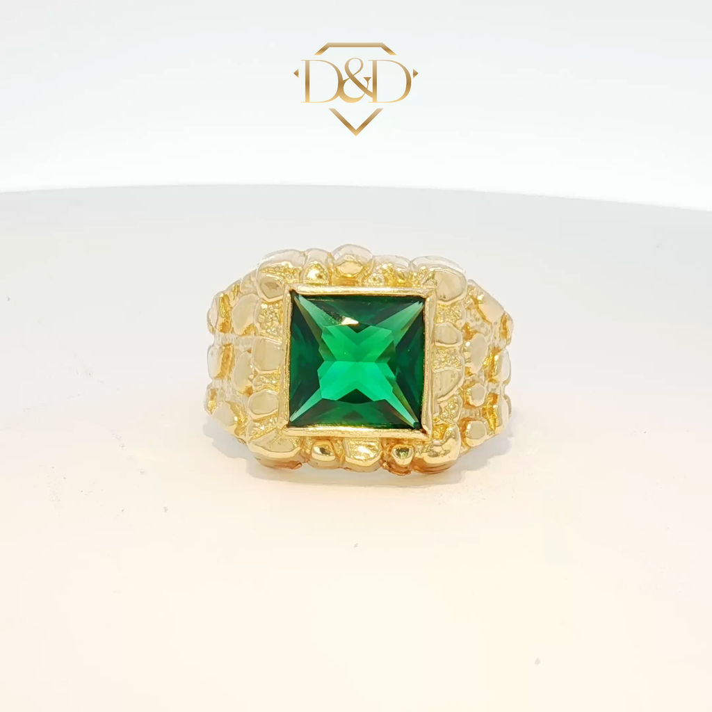 14K Yellow Gold Signet Nugget Ring with Square Emerald