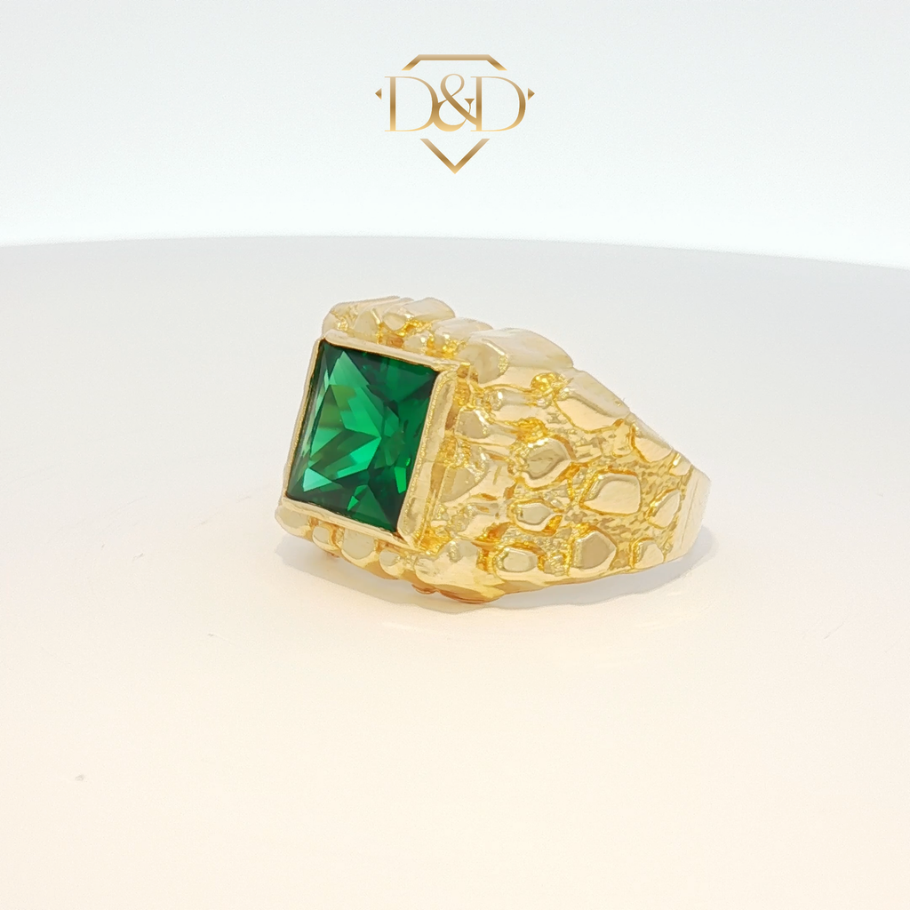 14K Yellow Gold Signet Nugget Ring with Square Emerald