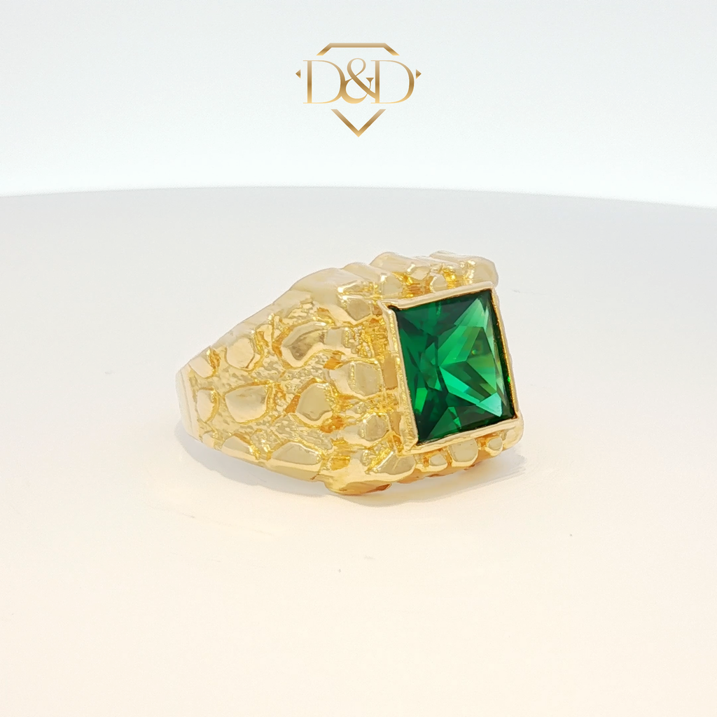 14K Yellow Gold Signet Nugget Ring with Square Emerald