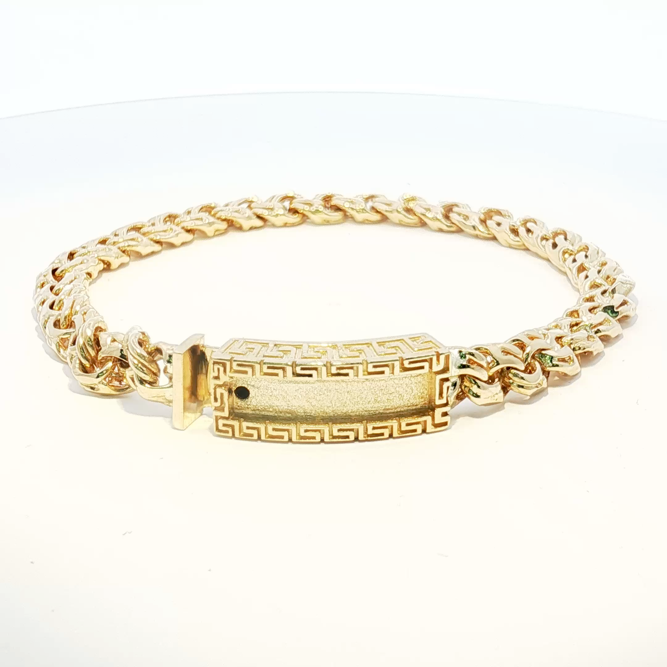 14K Gold Solid Yellow Gold Chino Link Bracelet with Greek Key Design 6.5mm.