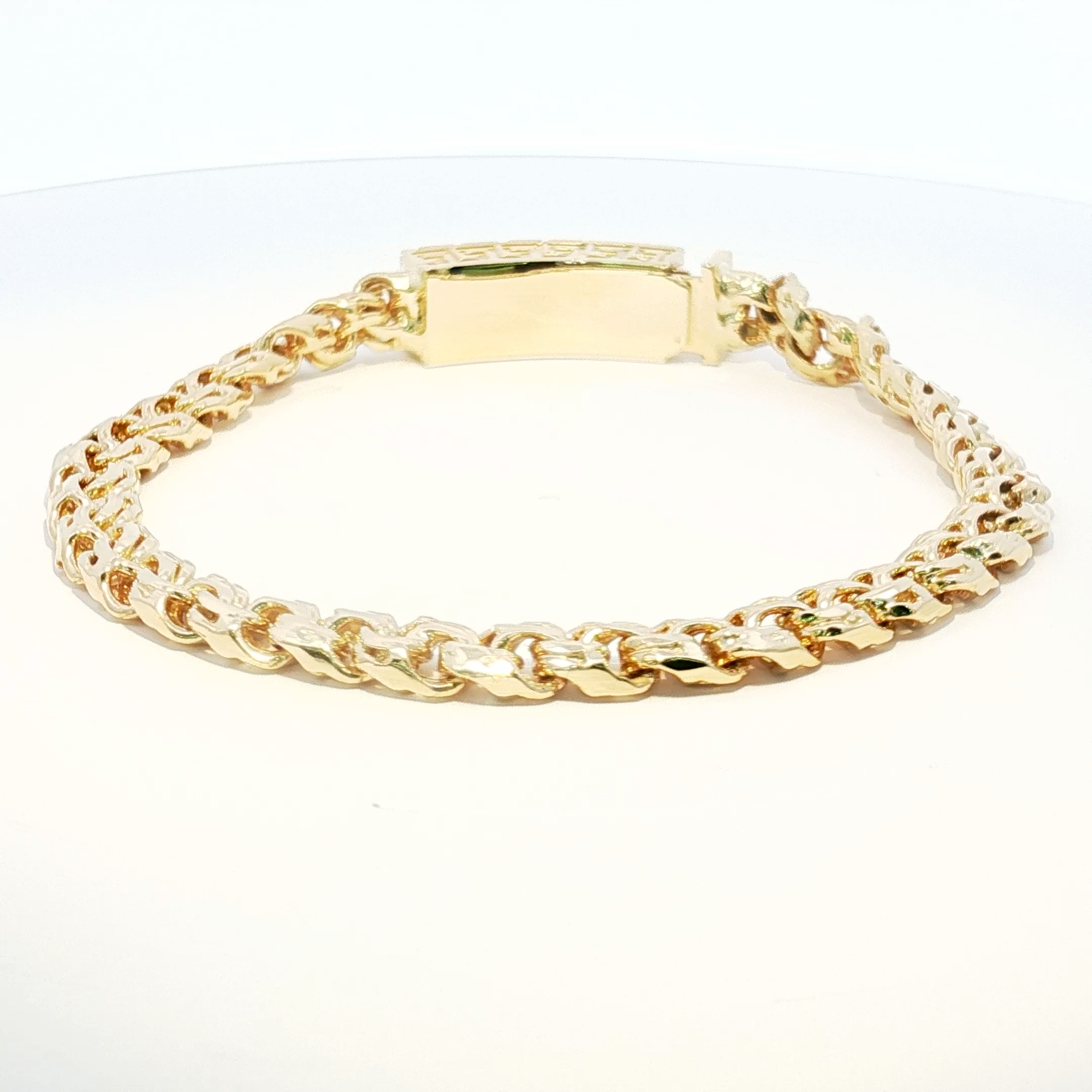 14K Gold Solid Yellow Gold Chino Link Bracelet with Greek Key Design 6.5mm.