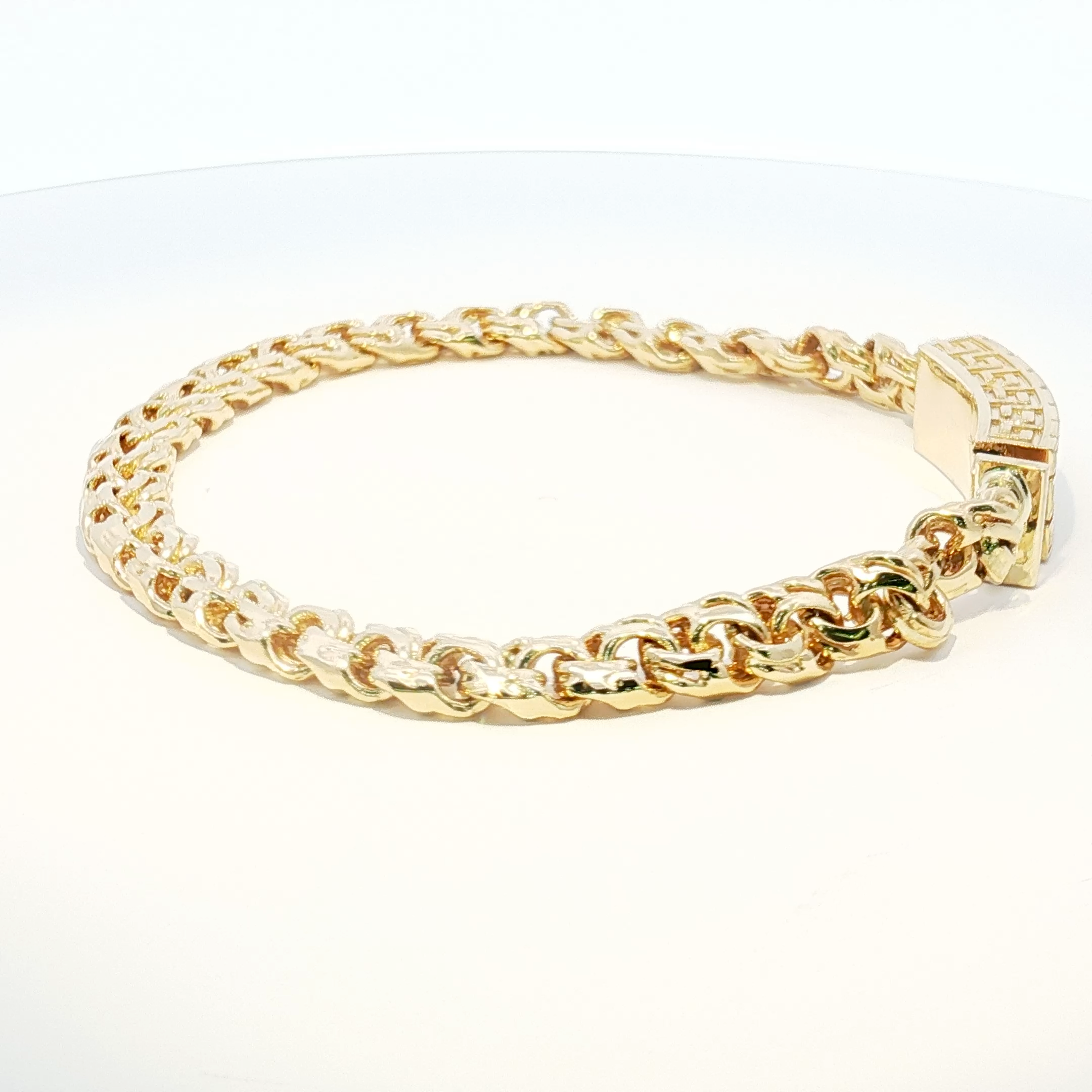 14K Gold Solid Yellow Gold Chino Link Bracelet with Greek Key Design 6.5mm.