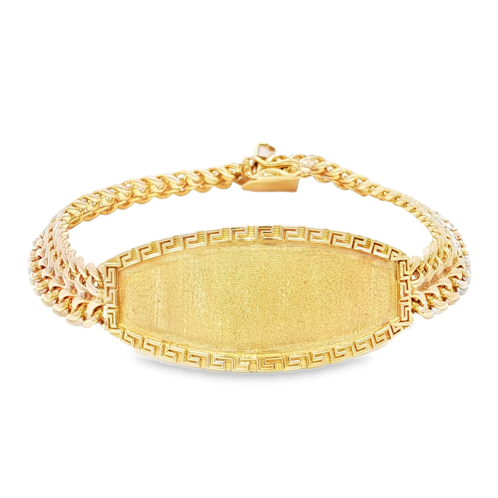 14K Gold Solid Petatillo ID Bracelet with Greek Key Design 10mm.