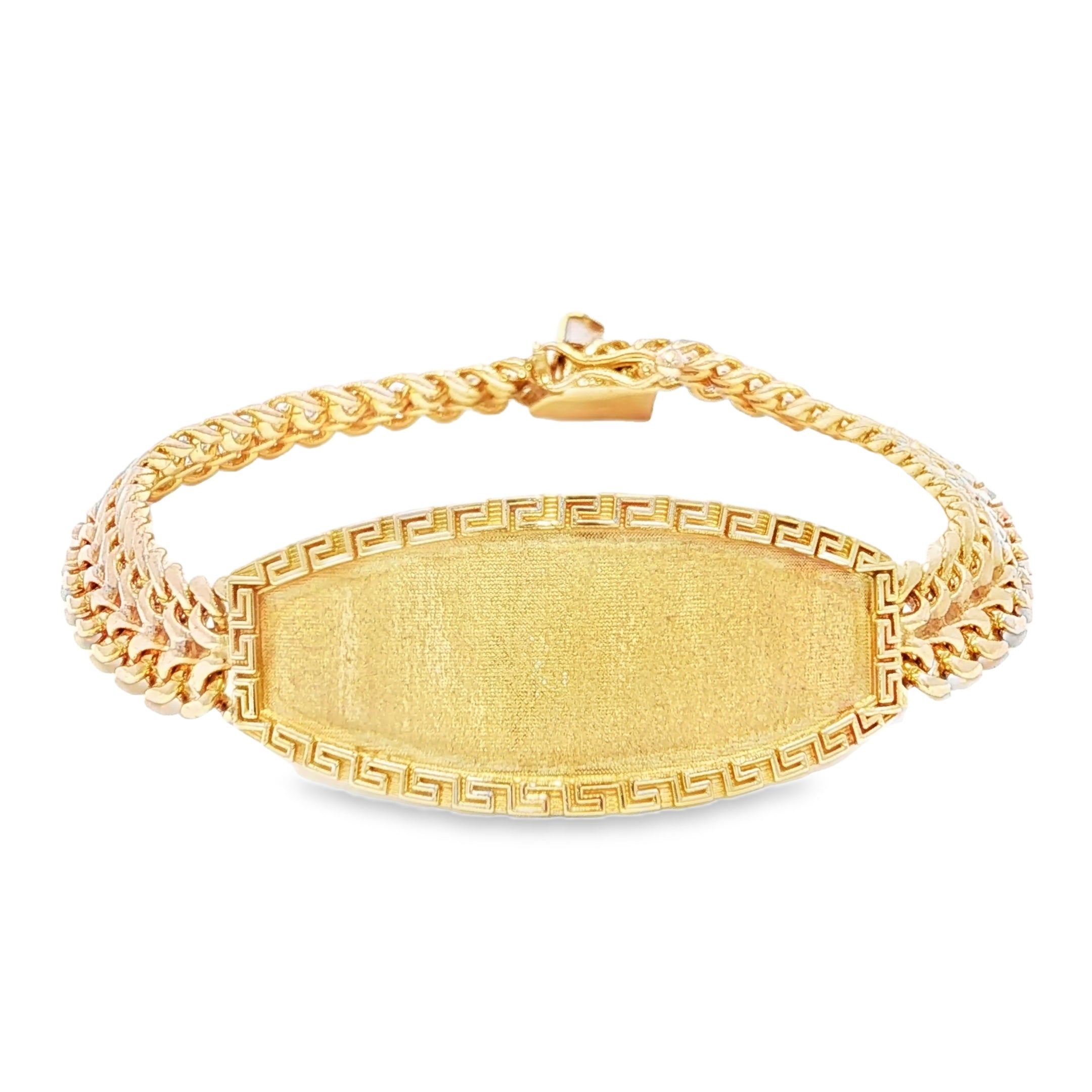 14K Gold Solid Petatillo ID Bracelet with Greek Key Design 10mm.