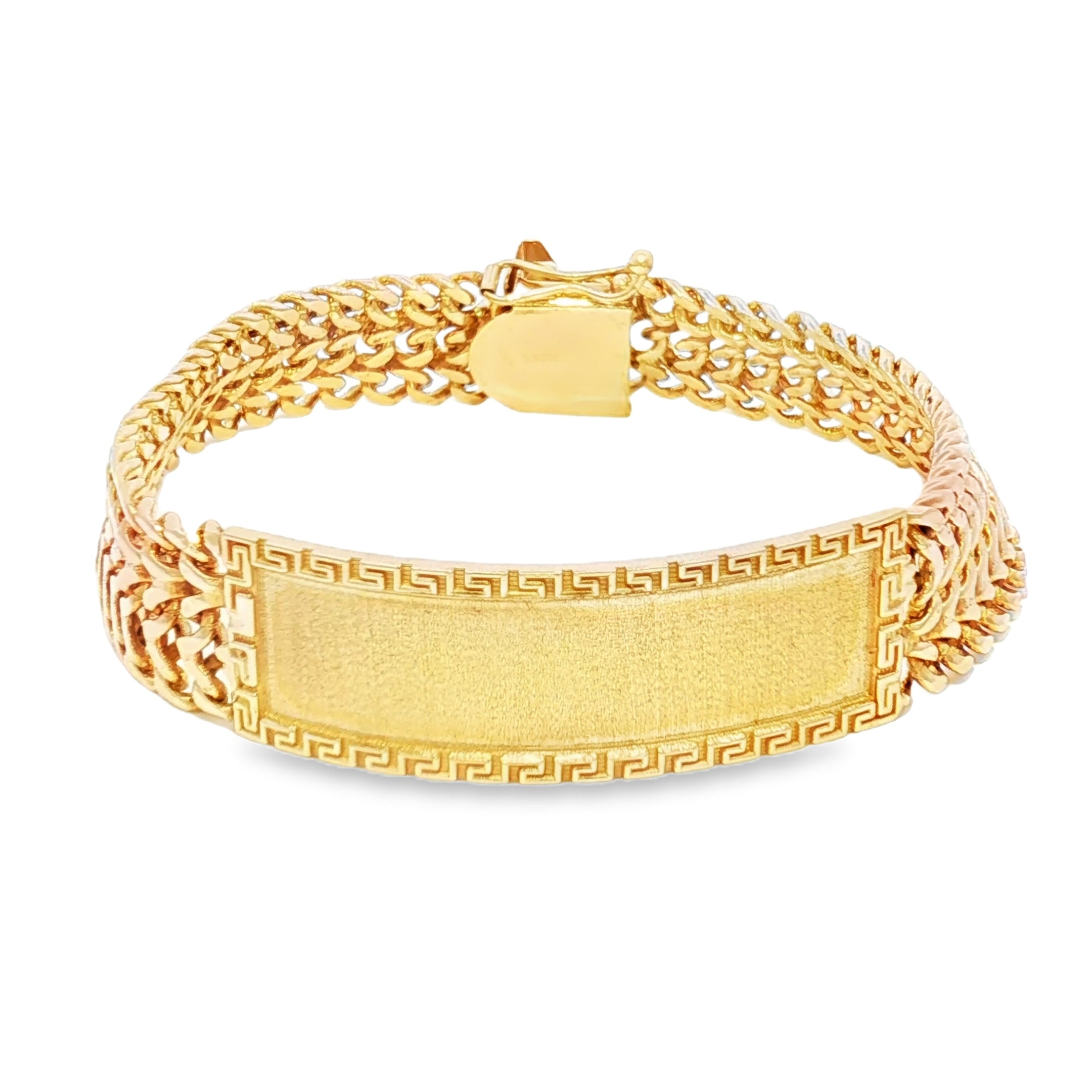 14k Gold Solid Petatillo ID Bracelet with Greek Key Design 14mm.