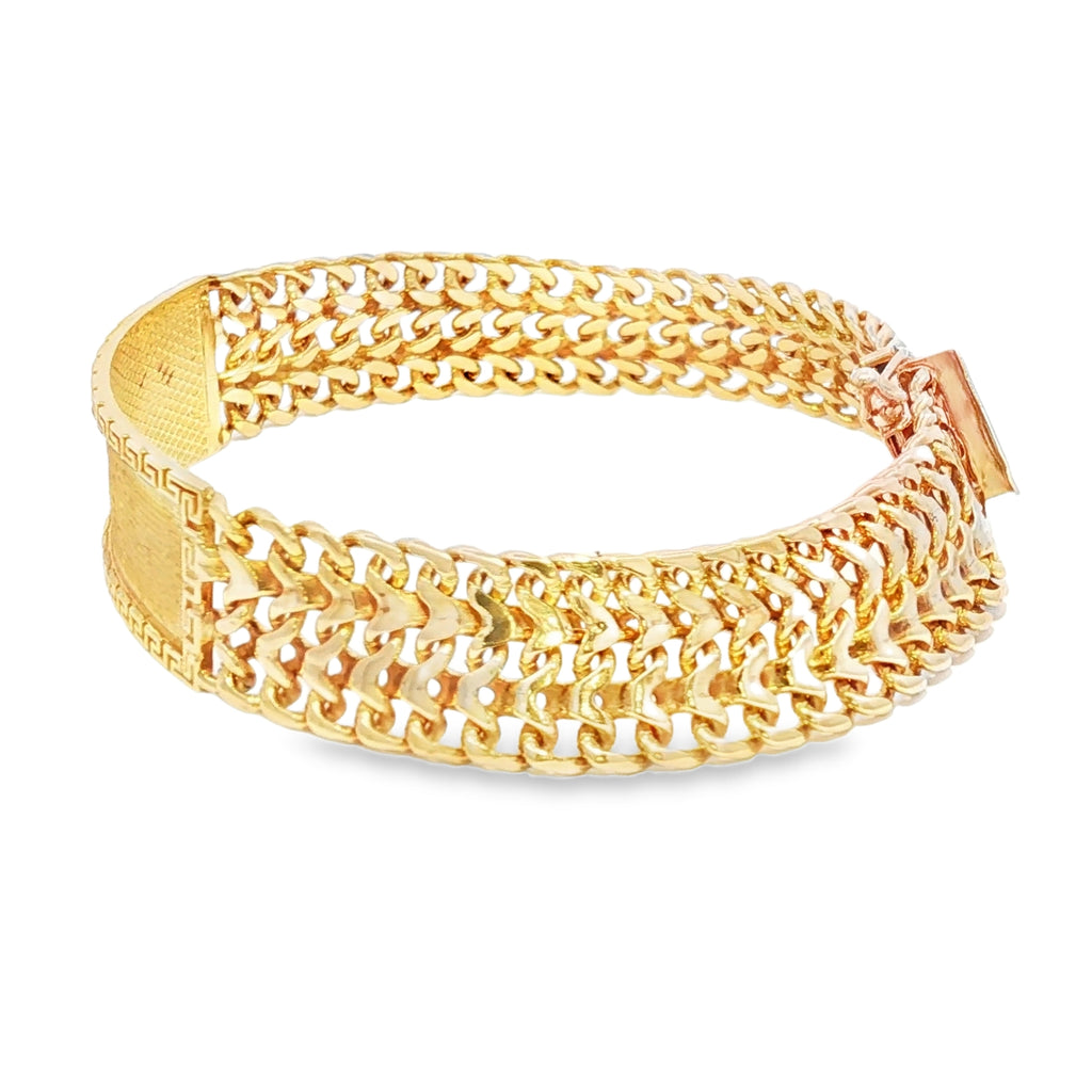 14k Gold Solid Petatillo ID Bracelet with Greek Key Design 14mm.