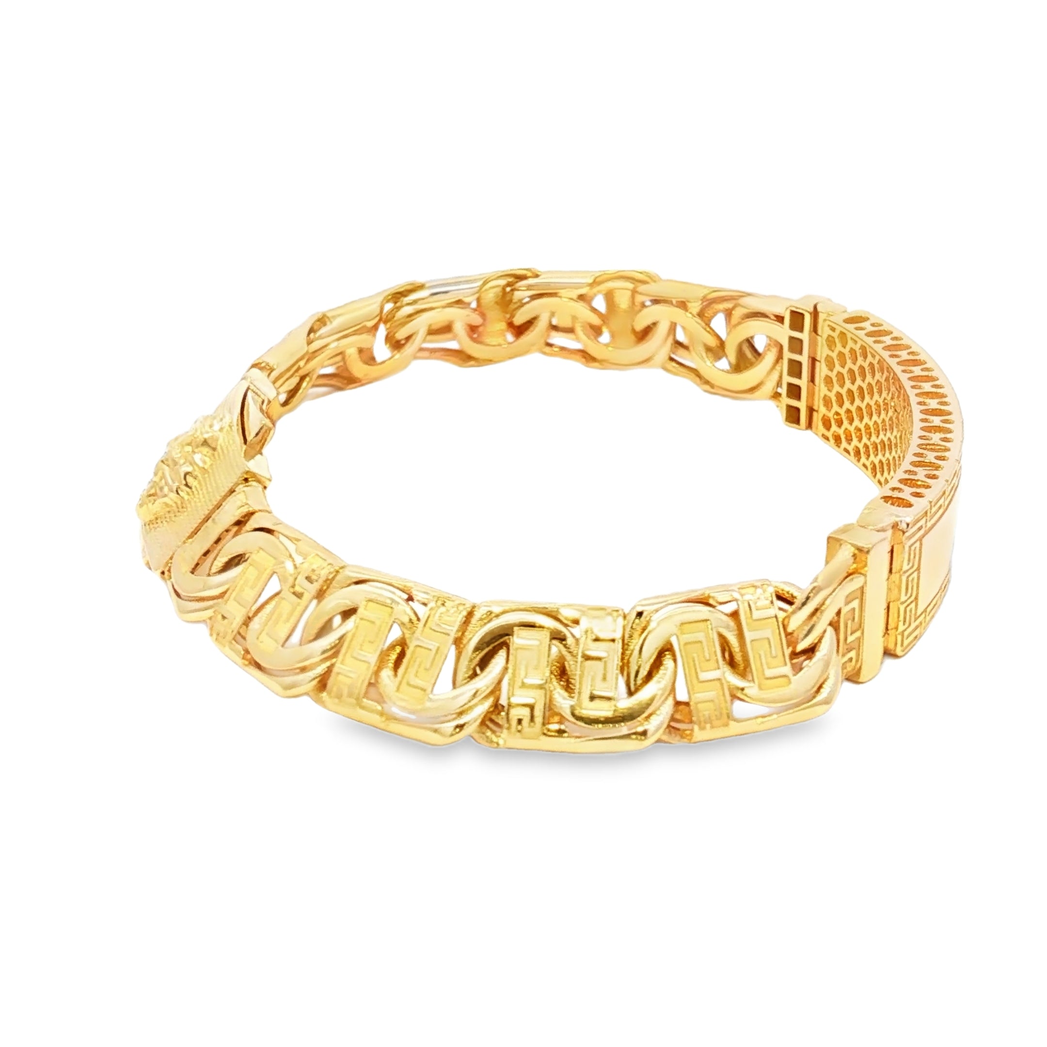 14K Gold Hollow Chino Link ID Bracelet with Greek Design 11mm