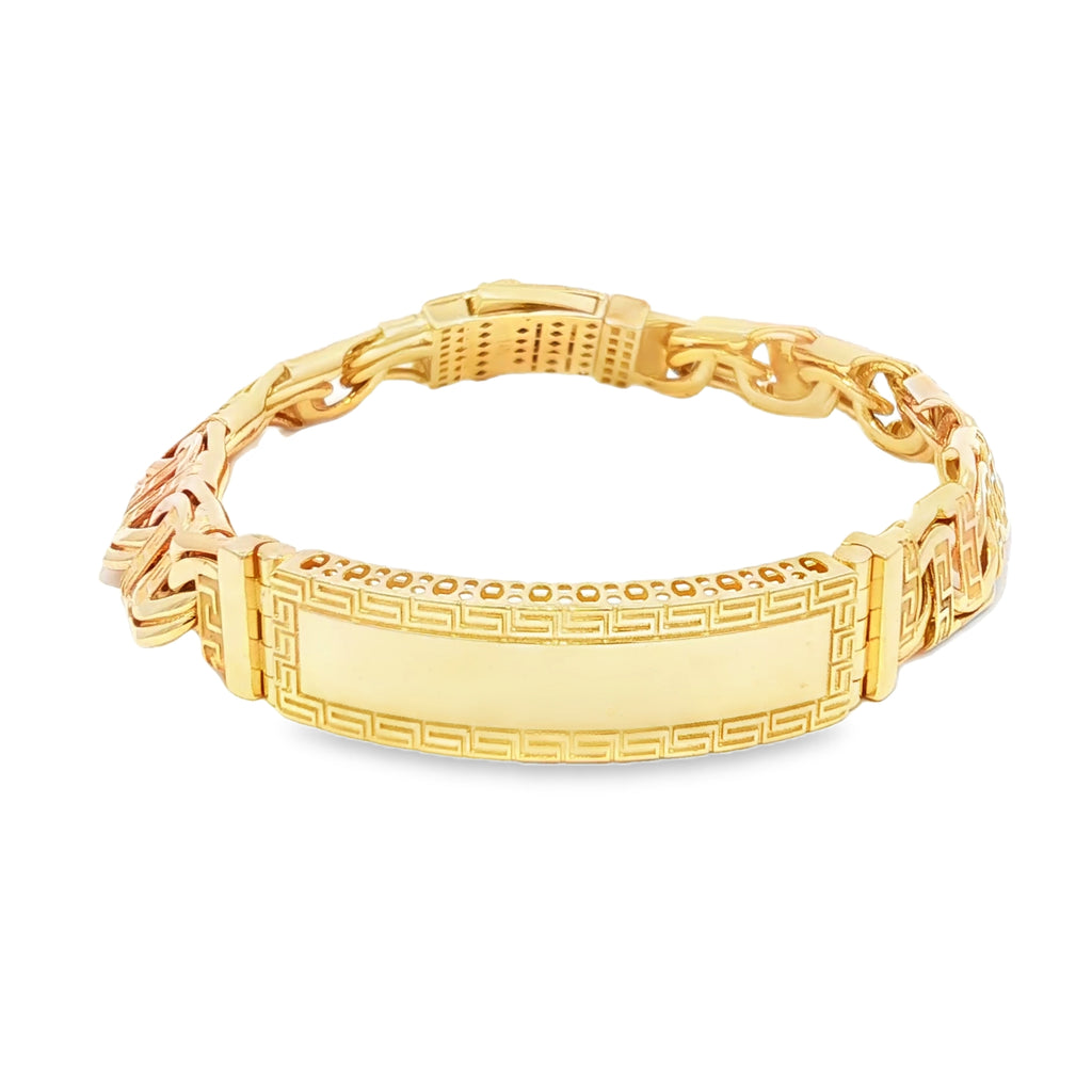 14K Gold Hollow Chino Link ID Bracelet with Greek Design 11mm