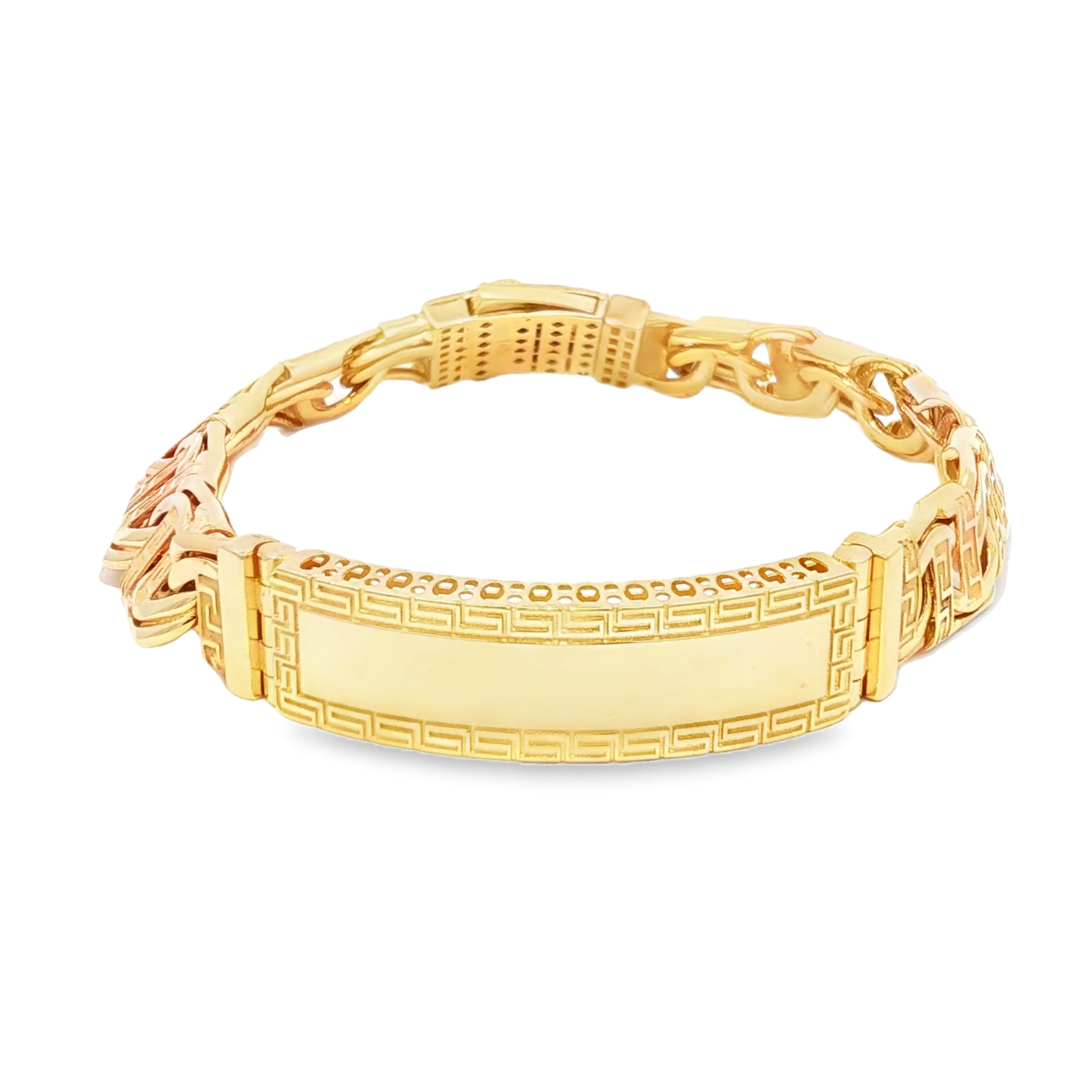 14K Gold Hollow Chino Link ID Bracelet with Greek Design 11mm