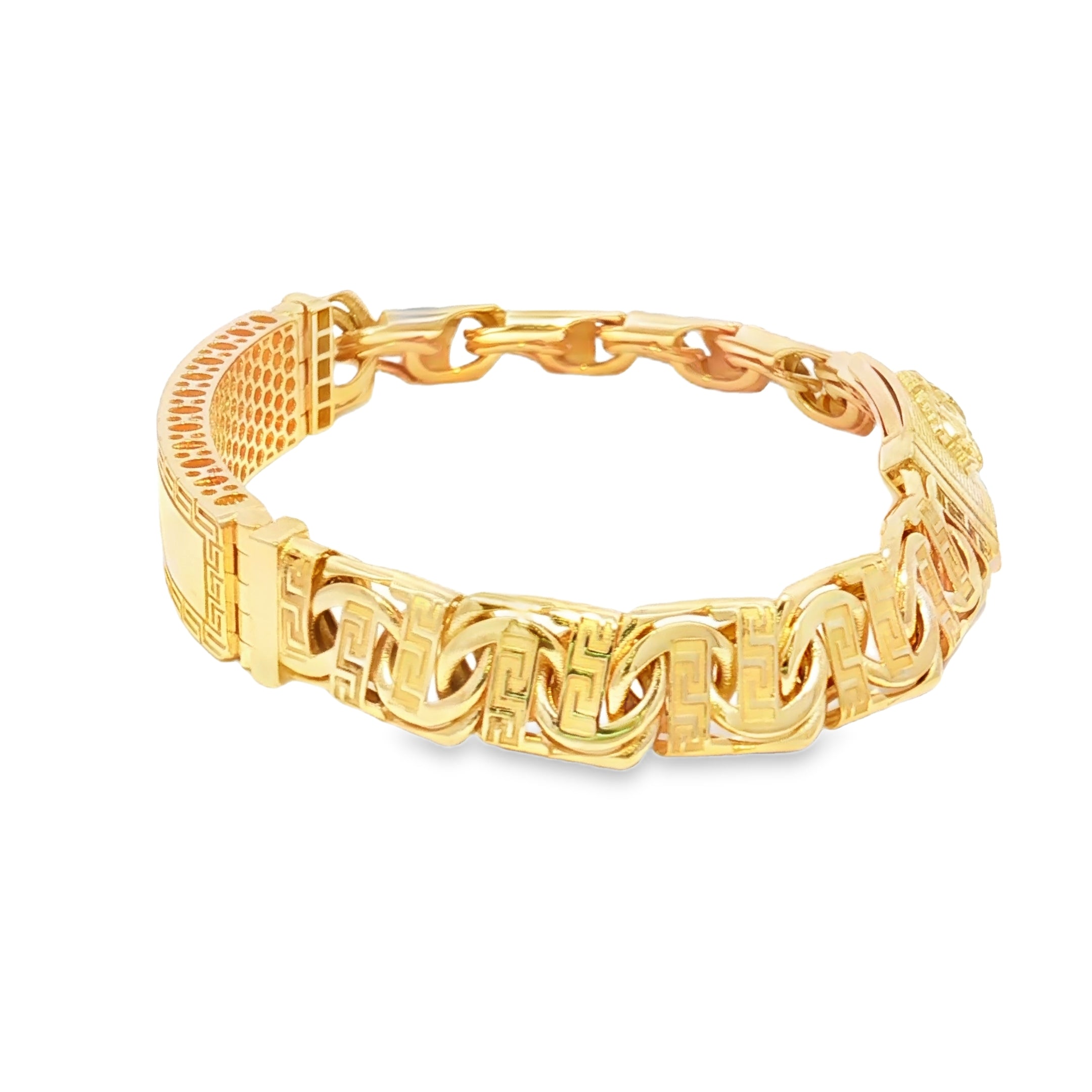 14K Gold Hollow Chino Link ID Bracelet with Greek Design 11mm