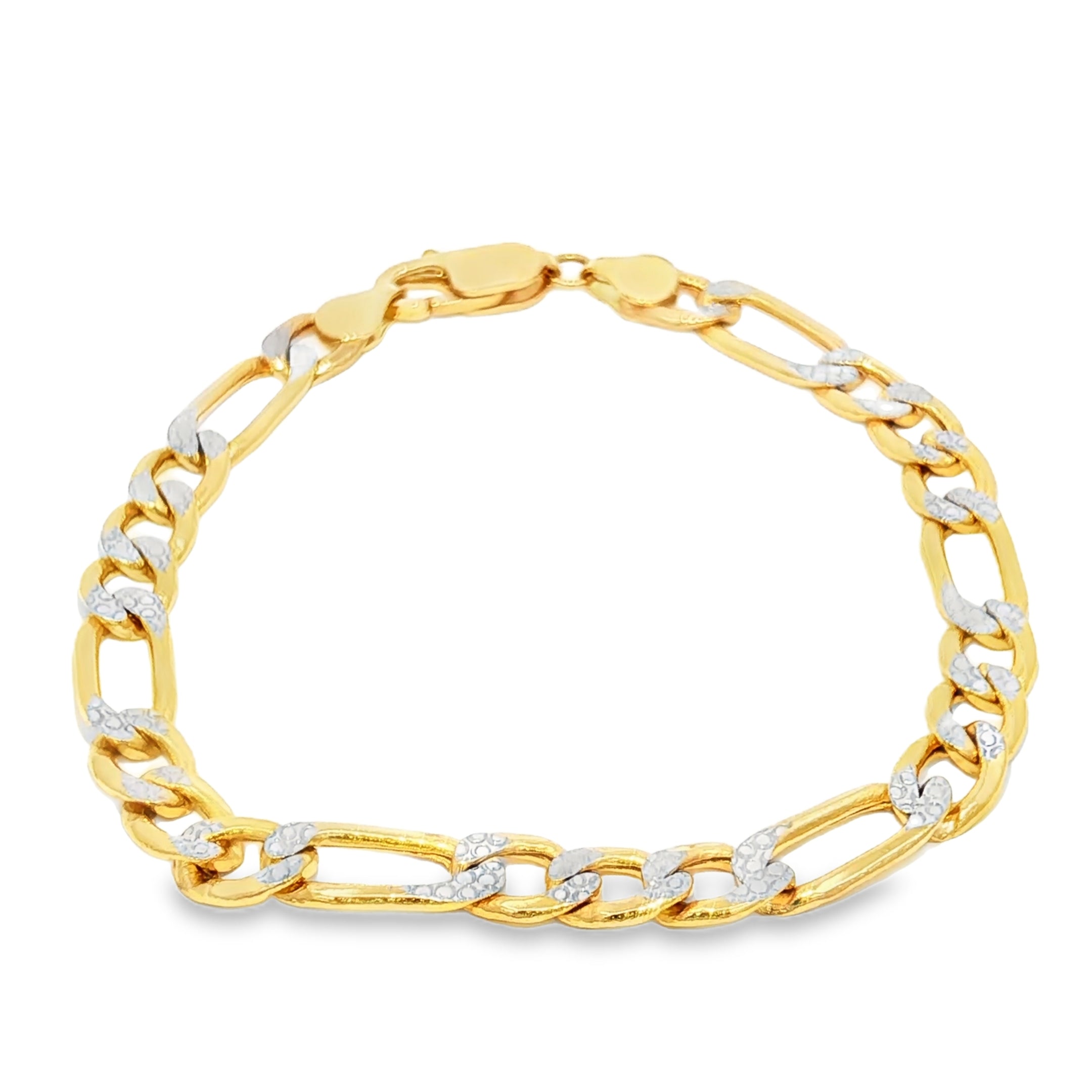 14k Gold Hollow Figaro Bracelet With White Pave 7mm.