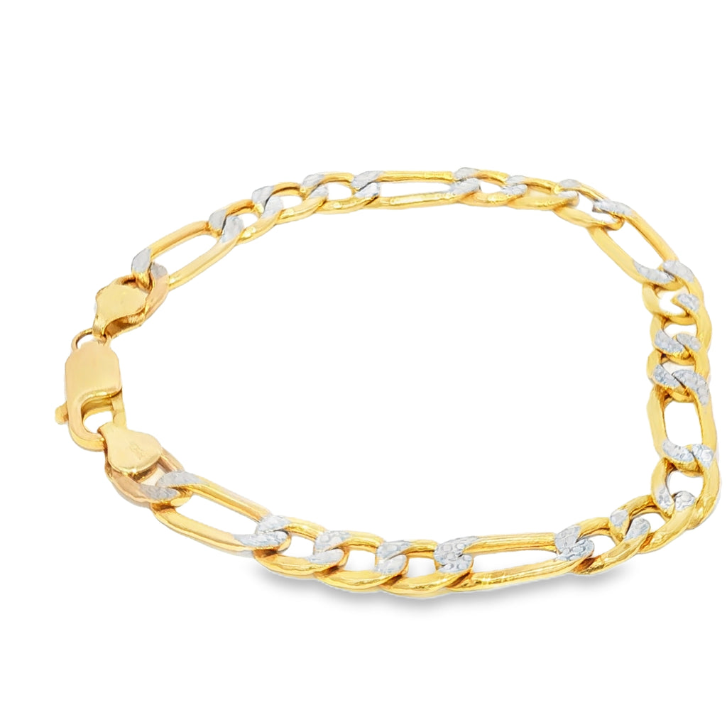 14k Gold Hollow Figaro Bracelet With White Pave 7mm.