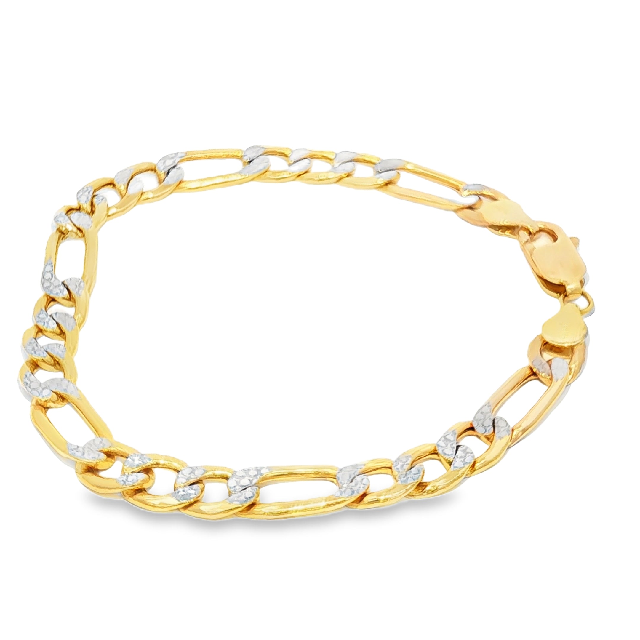 14k Gold Hollow Figaro Bracelet With White Pave 7mm.