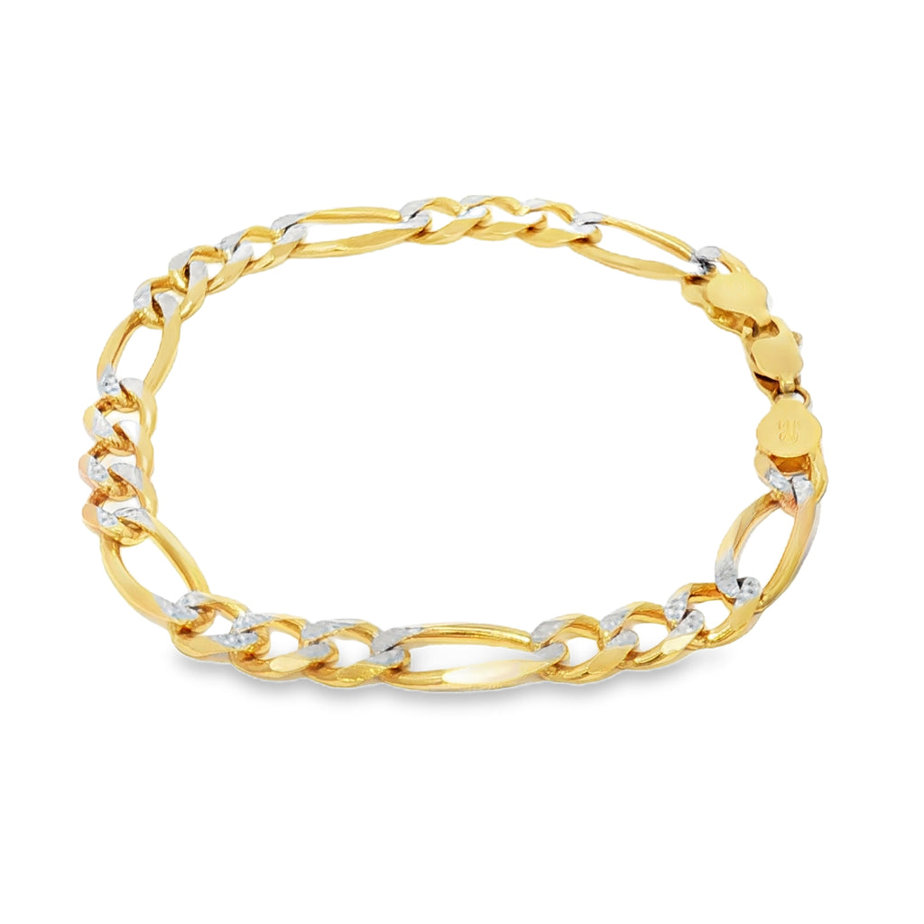 14K Gold Solid Figaro Bracelet With White Pave 7mm.