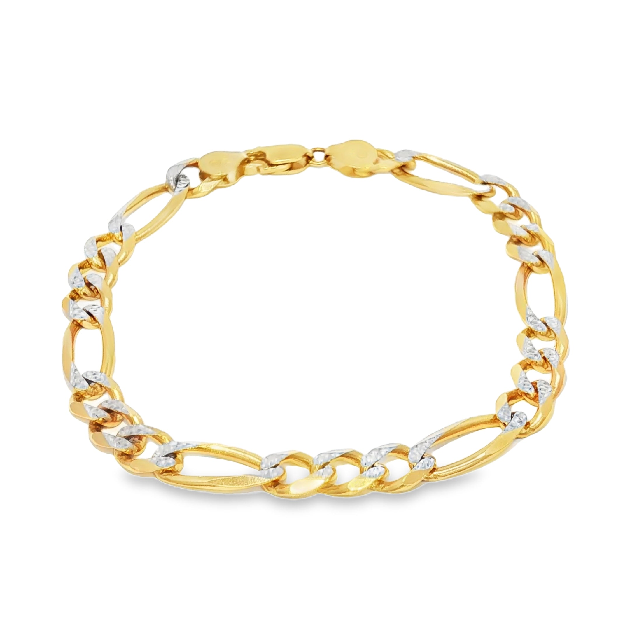 14K Gold Solid Figaro Bracelet With White Pave 7mm.