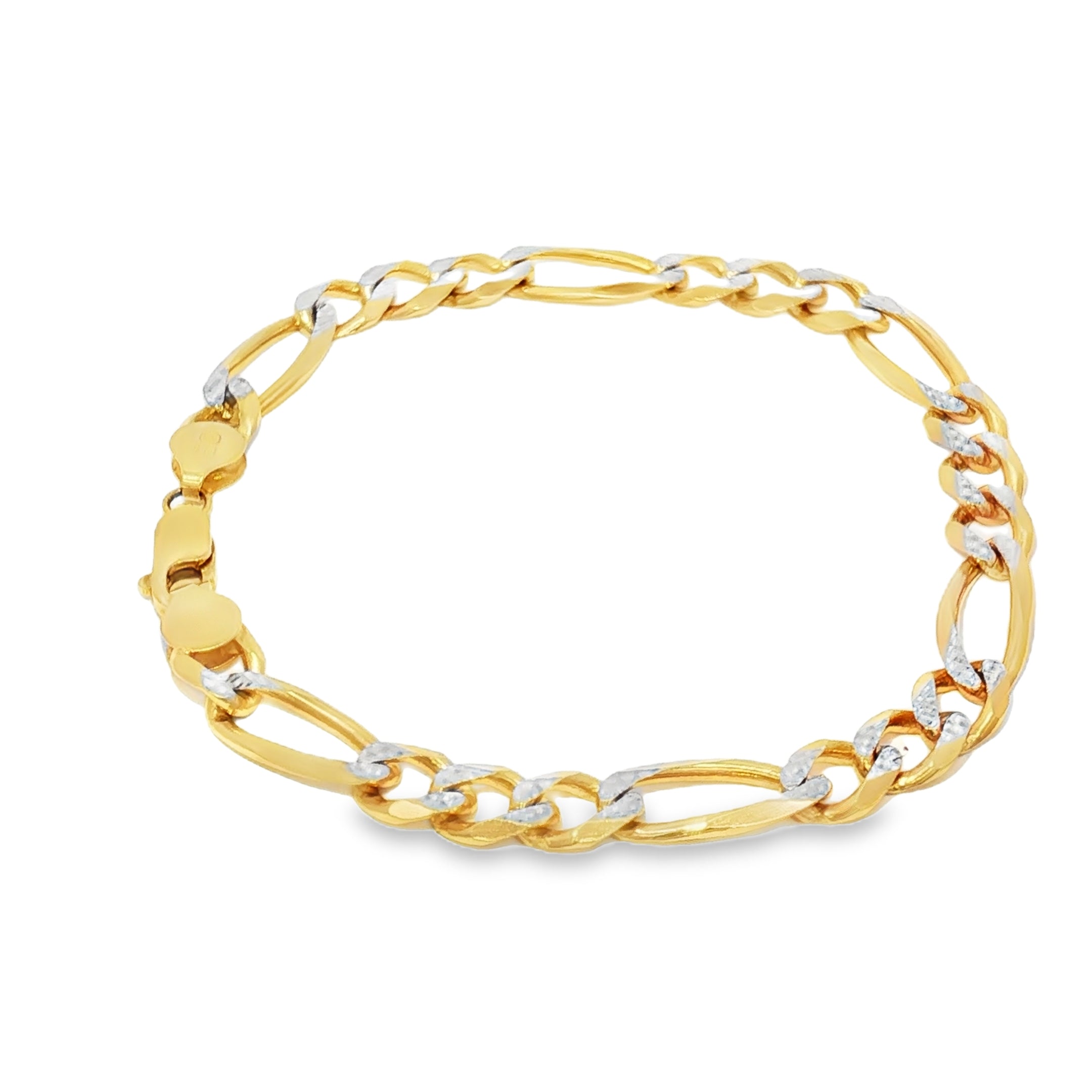 14K Gold Solid Figaro Bracelet With White Pave 7mm.