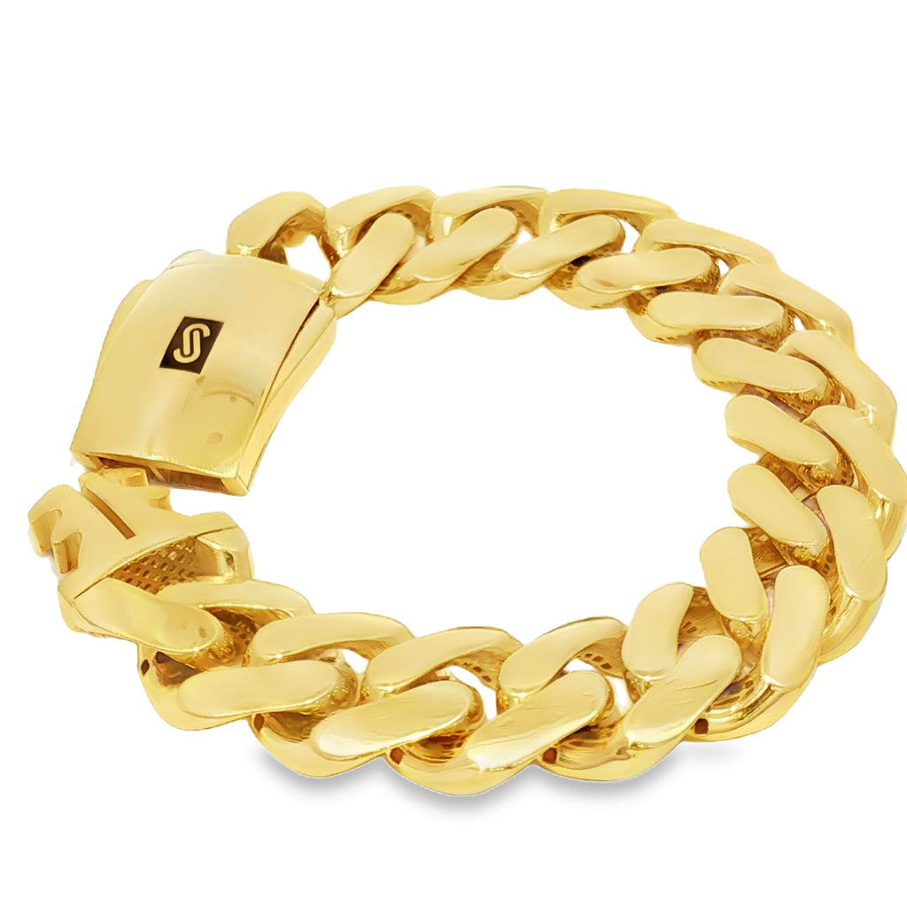 14K Gold Hollow Monaco Chain Cuban Link Bracelet 17mm