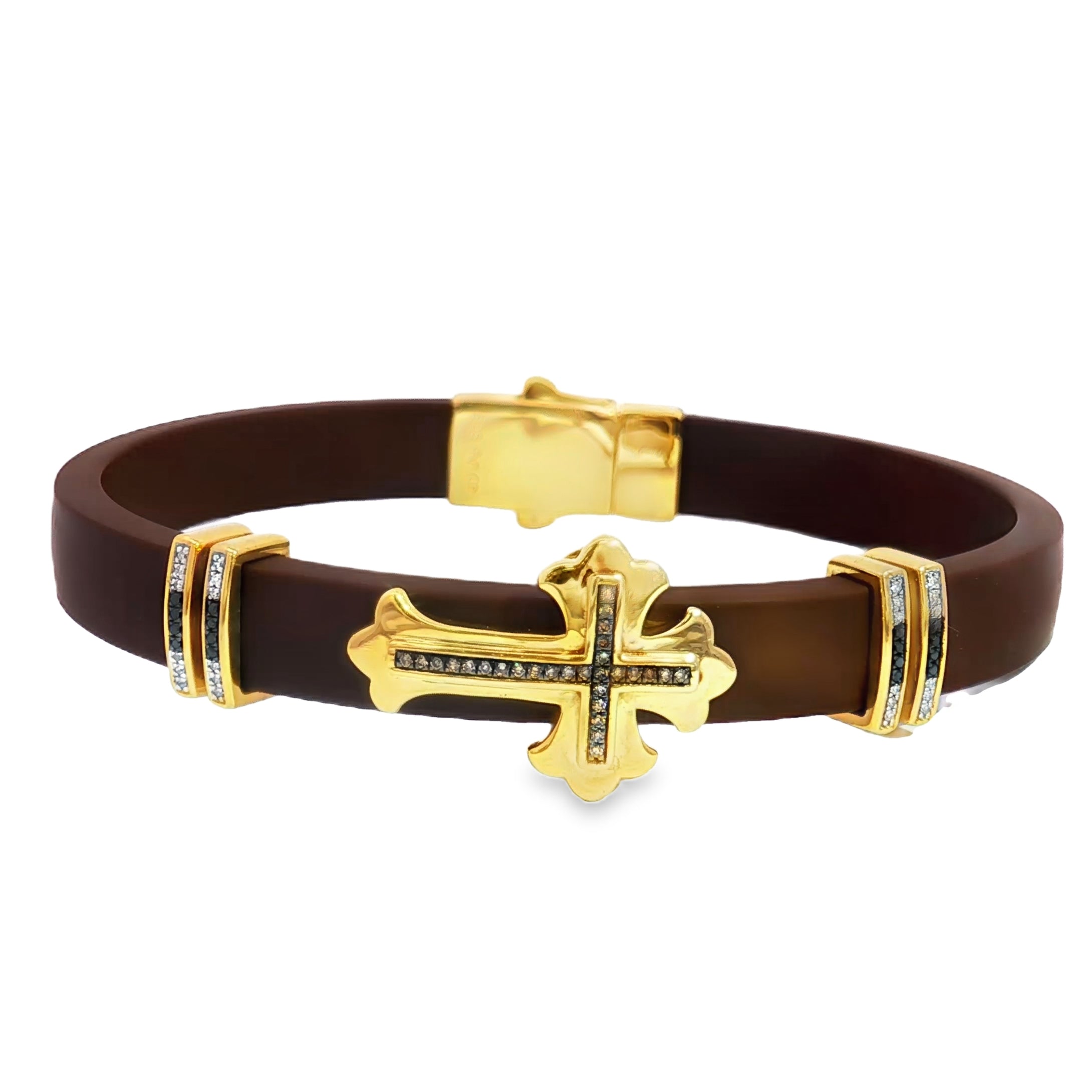 925 Silver Cross Plated in Yellow Gold with Fancy Chocolate Round Cut Diamond