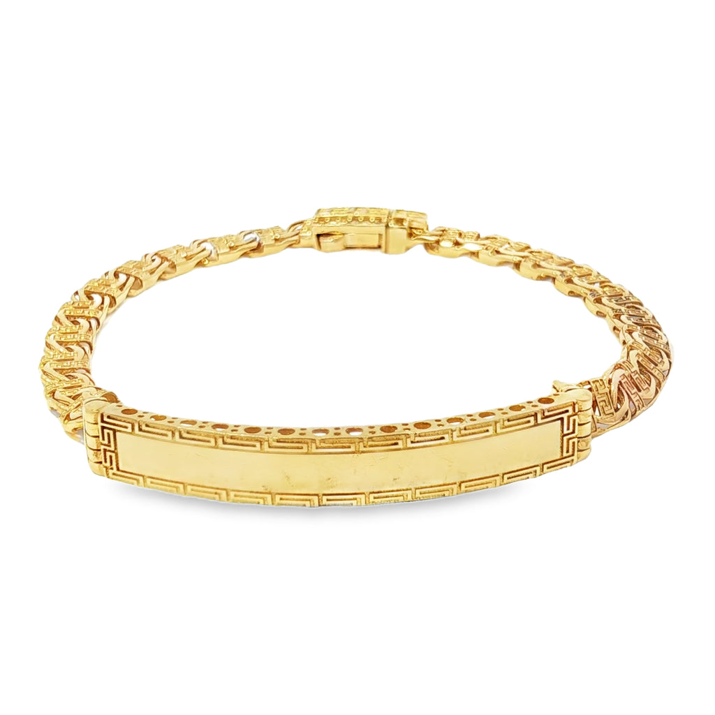 14K Semi-Hallow Chino Link ID Bracelet with Greek Design 6mm