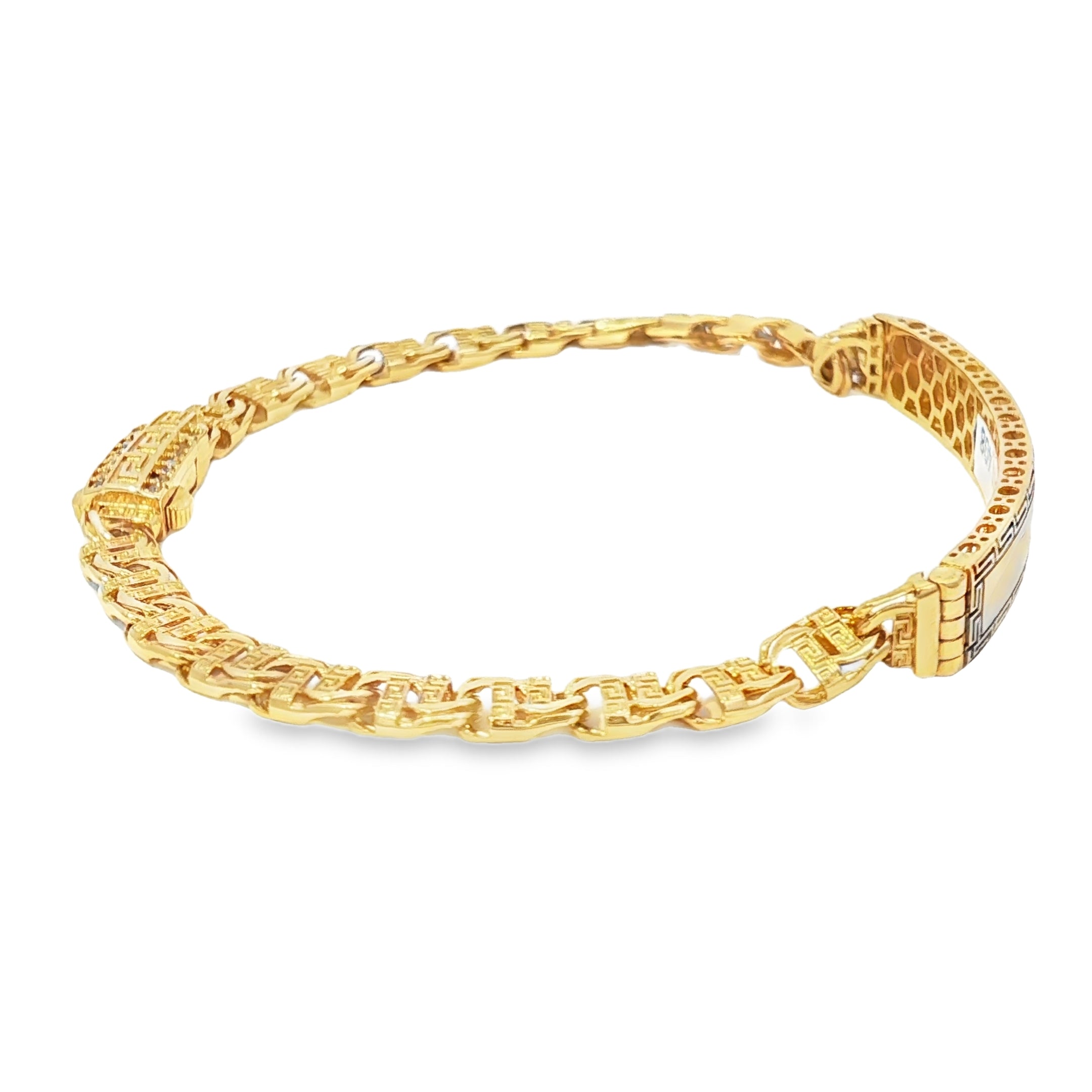 14K Semi-Hallow Chino Link ID Bracelet with Greek Design 6mm