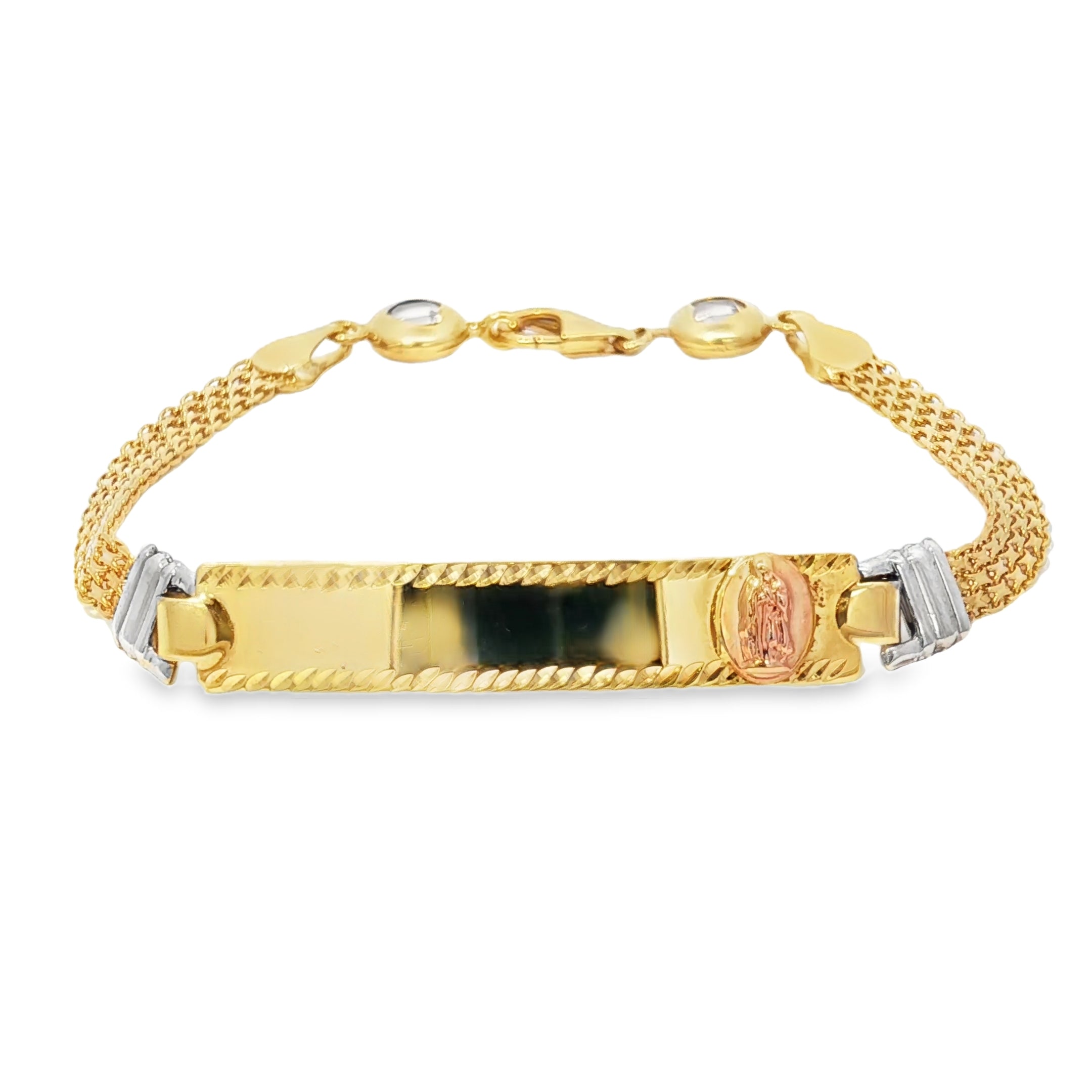 14k Tricolor ID Bracelet with Virgin Mary