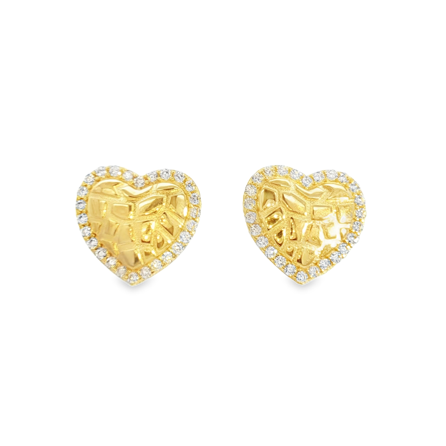 14K Puff Heart Nugget Stud Earrings with Round Cut Cubic Zirconia