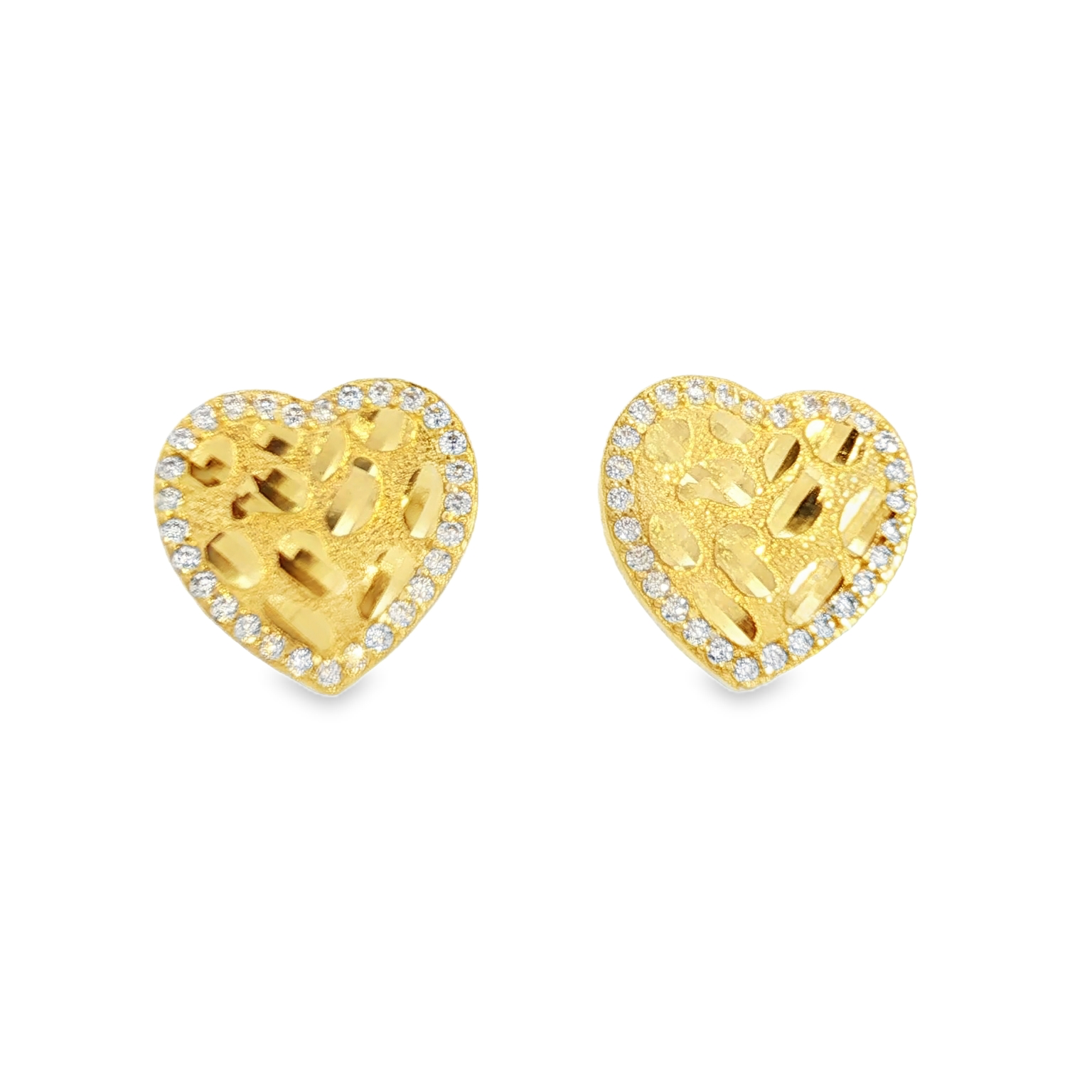 14k Flat Heart Stud Earrings with Round Brilliant Cubic Zirconia