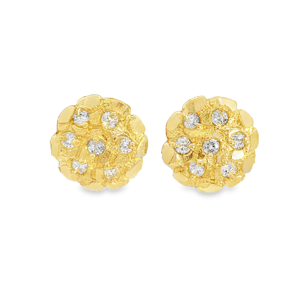 14K Nugget Stud Earrings with Round Brilliant Cubic Zirconia