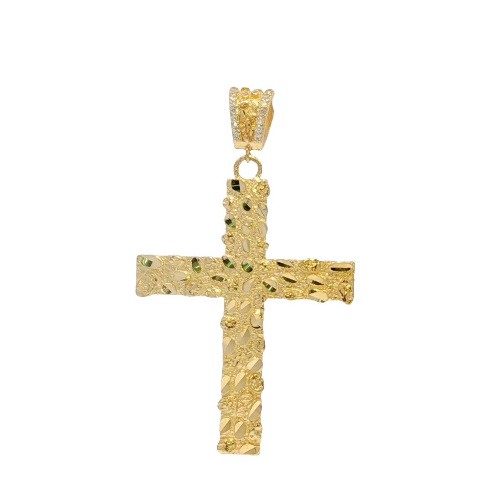 14K Yellow Gold Nugget Cross Pendant with Round Cut CZ