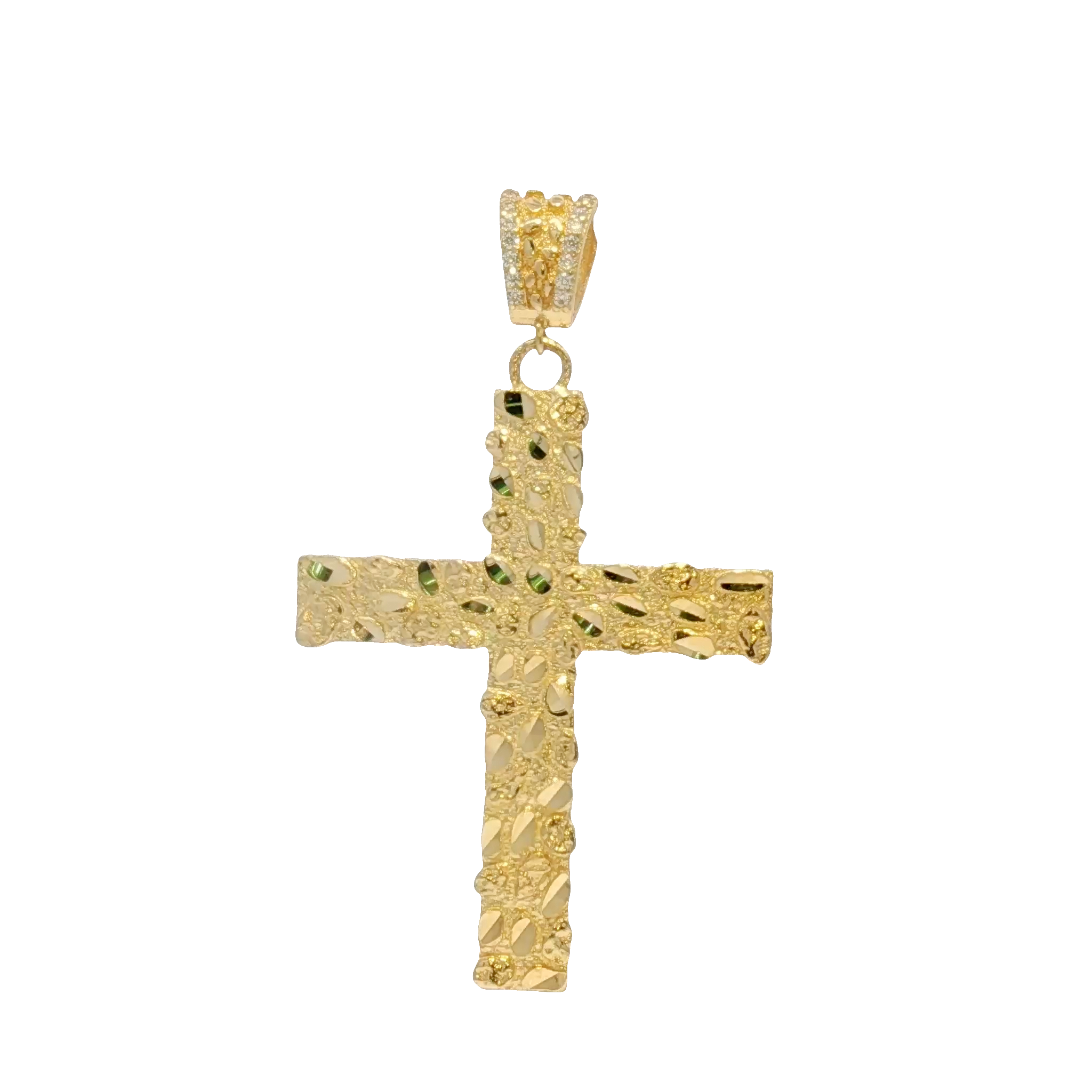 14K Yellow Gold Nugget Cross Pendant with Round Cut CZ