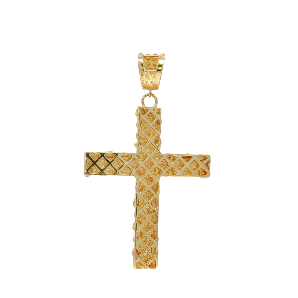 14K Yellow Gold Nugget Cross Pendant with Round Cut CZ