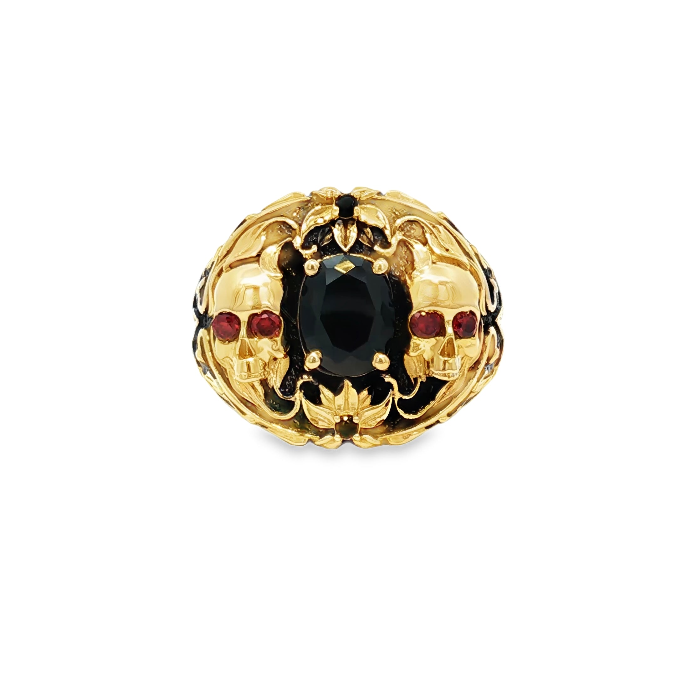 14K Yellow Gold Signet Ring with Round Onyx and Skull Details