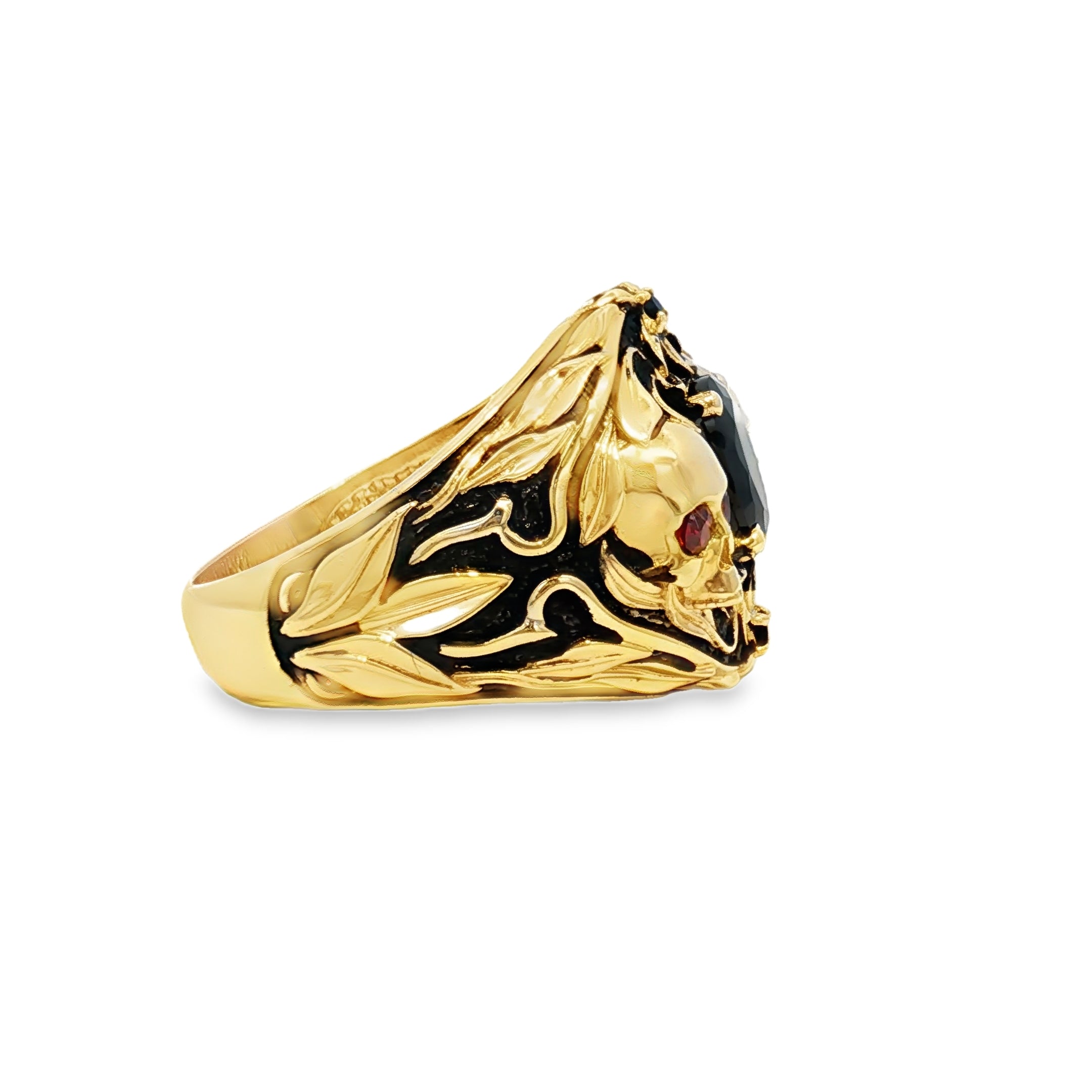 14K Yellow Gold Signet Ring with Round Onyx and Skull Details
