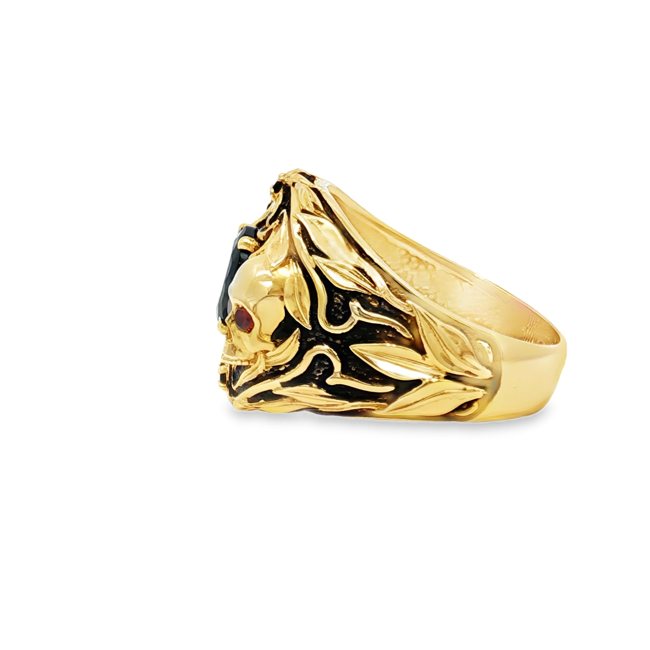 14K Yellow Gold Signet Ring with Round Onyx and Skull Details