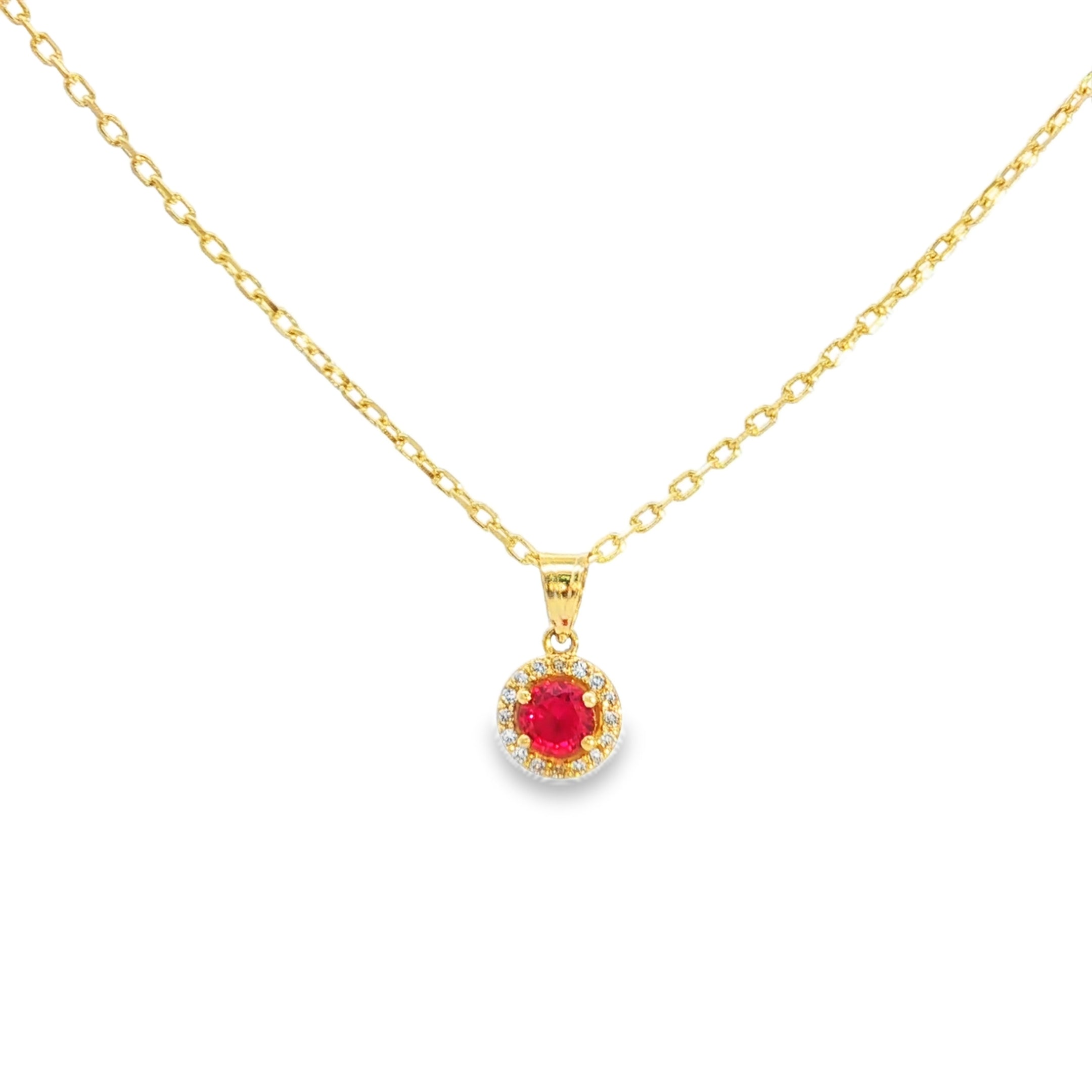 Yellow Gold Chain Necklace with Round Brilliant Red Cz Pendant