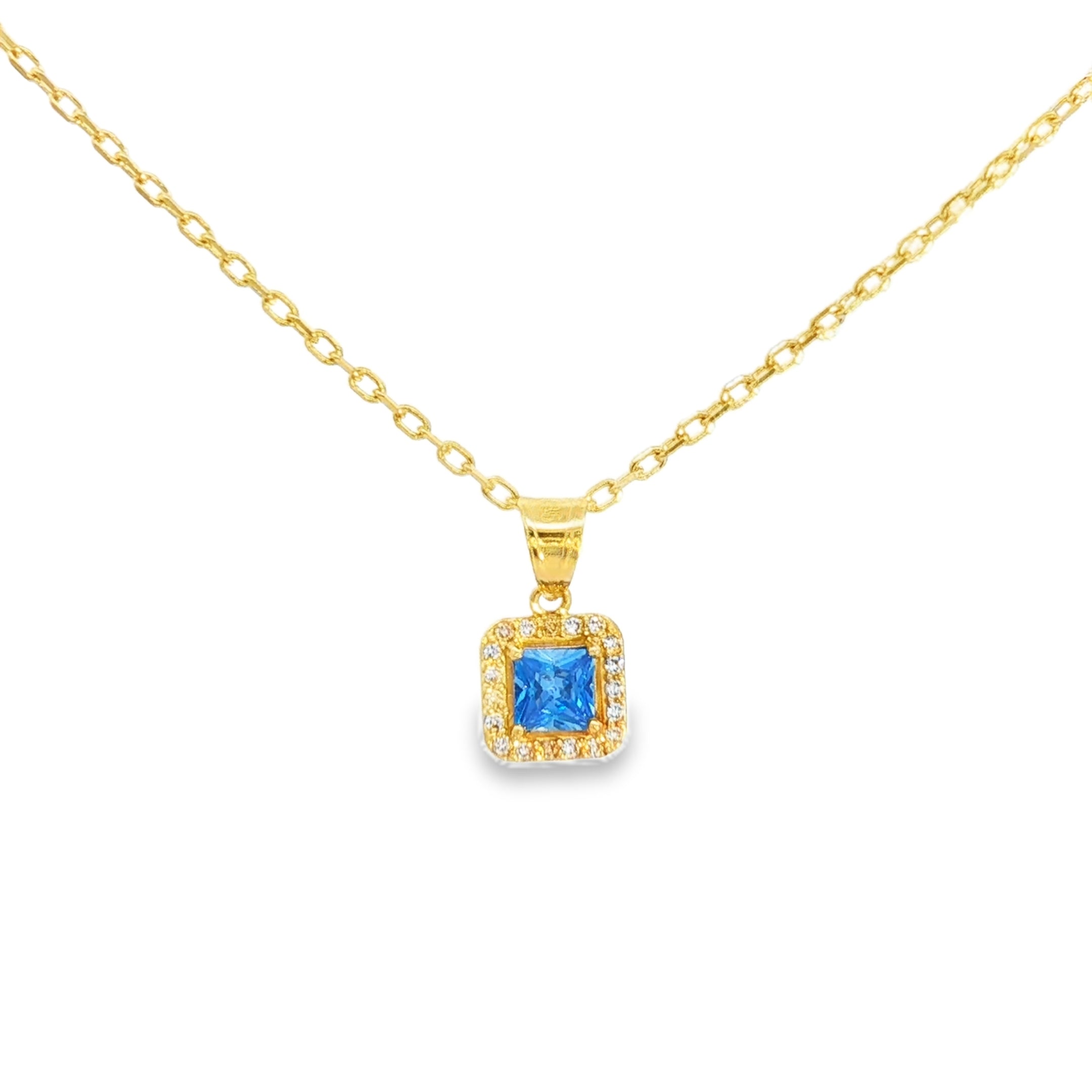 Yellow Gold Charm Necklace with Square Blue CZ