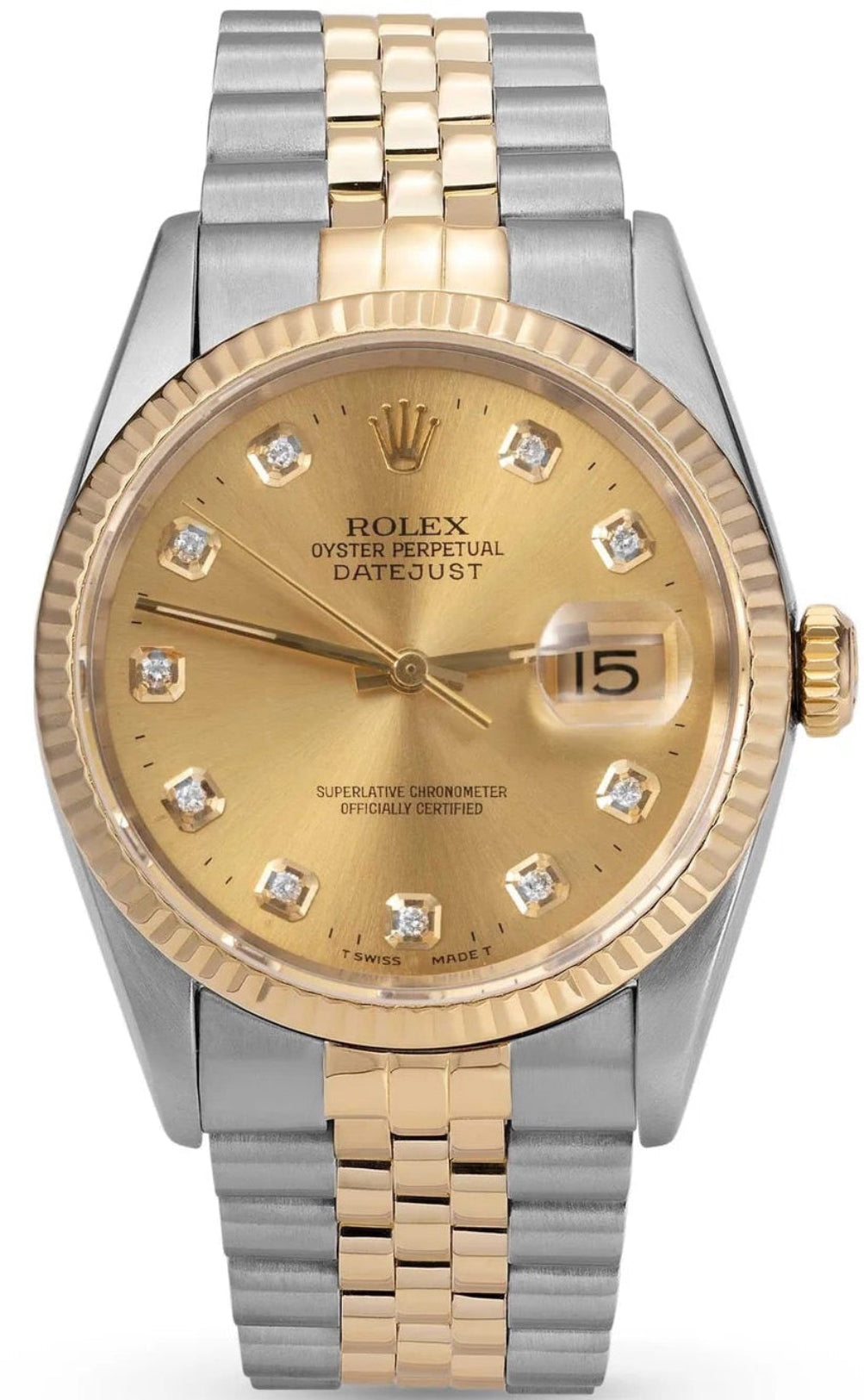 Pre-Owned Rolex Datejust 16233 Fluted Bezel Two-Tone Champagne Diamond Dial