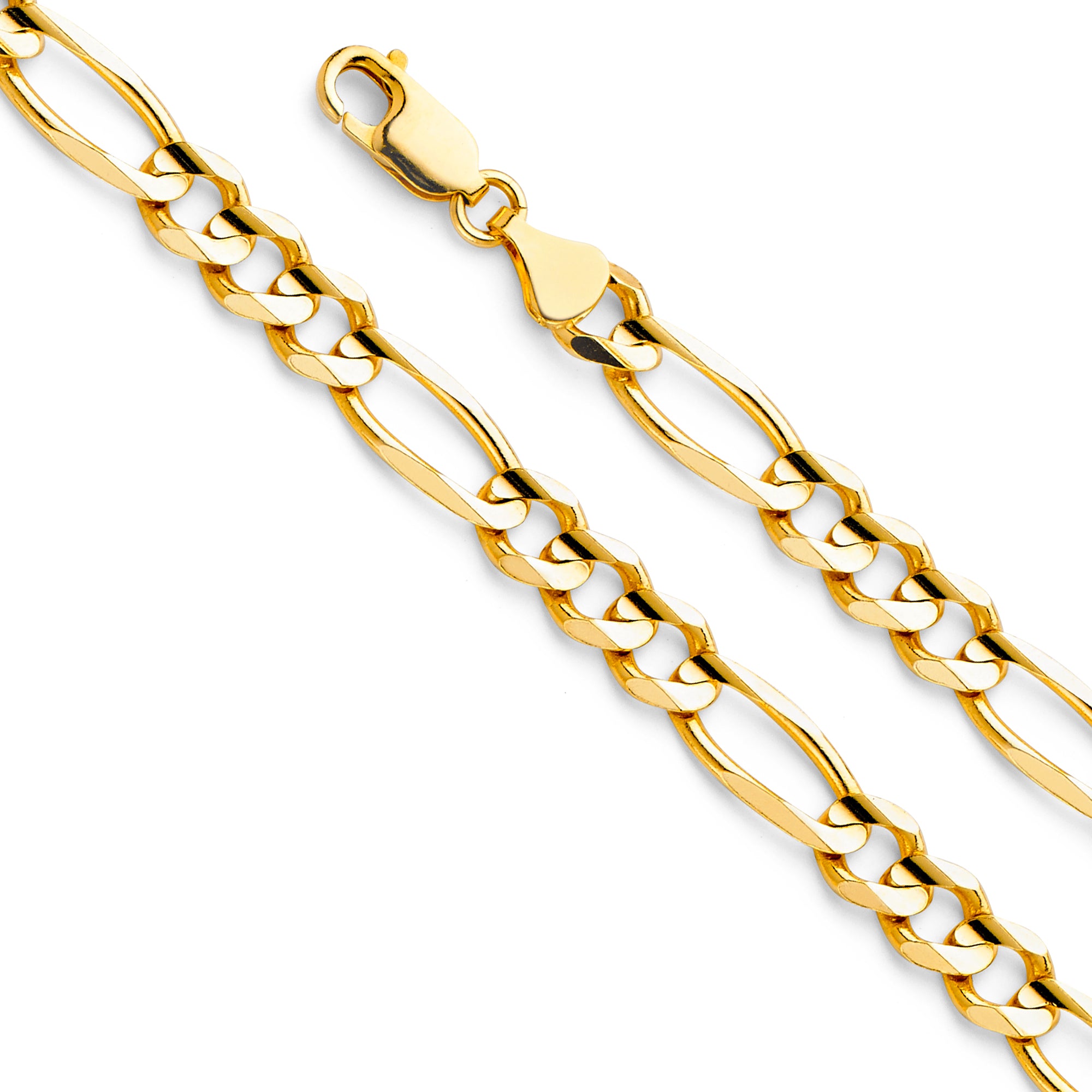 Durable 14K Yellow Gold 6.9mm Figaro 3+1 Concave Chain Bracelet