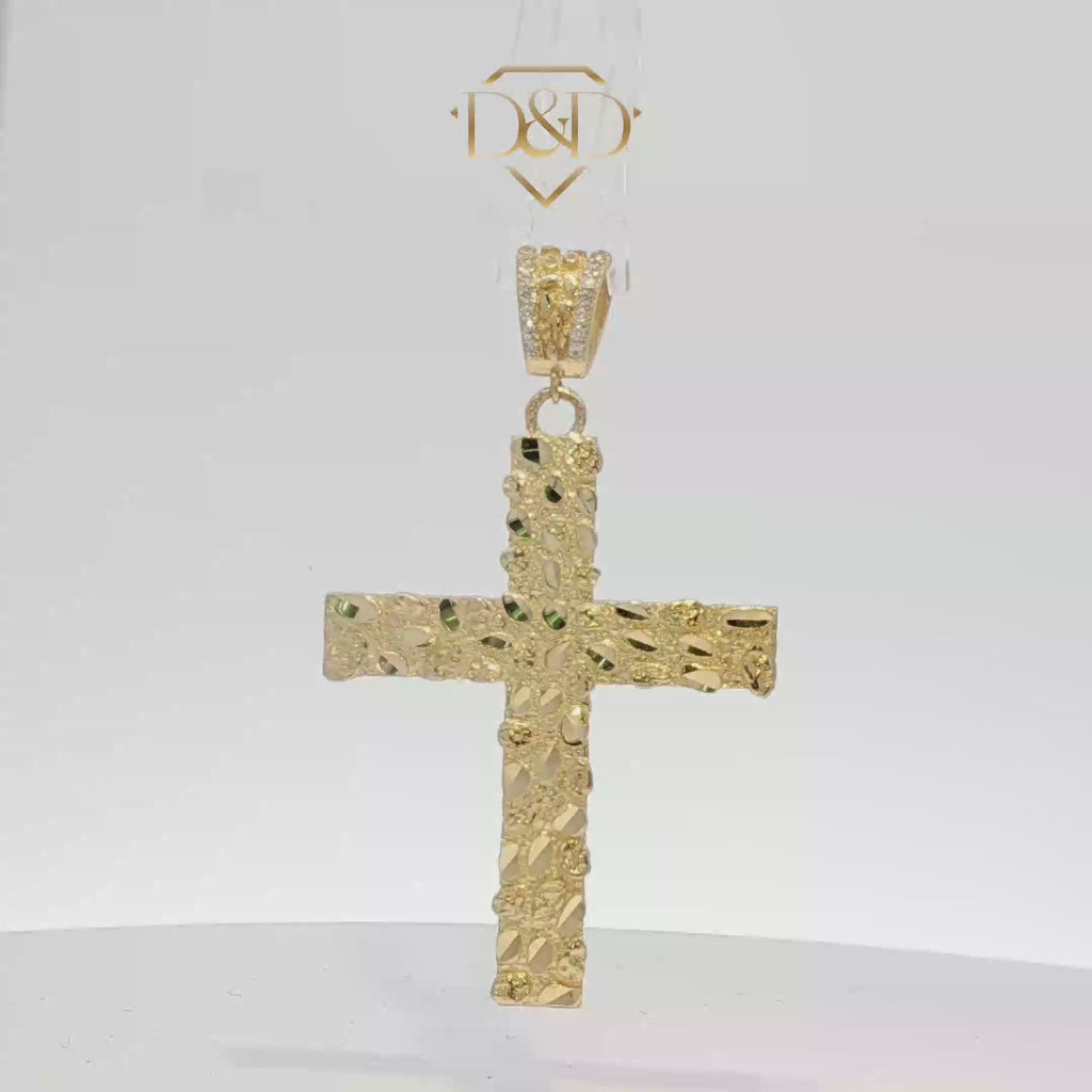 14K Yellow Gold Nugget Cross Pendant with Round Cut CZ