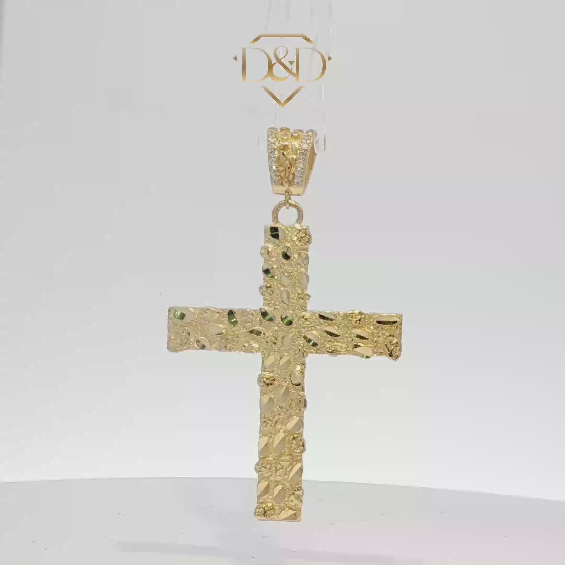 14K Yellow Gold Nugget Cross Pendant with Round Cut CZ