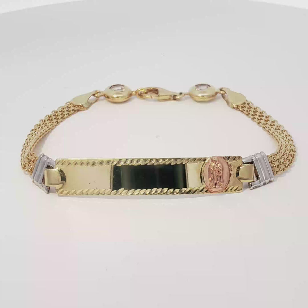 14k Tricolor ID Bracelet with Virgin Mary