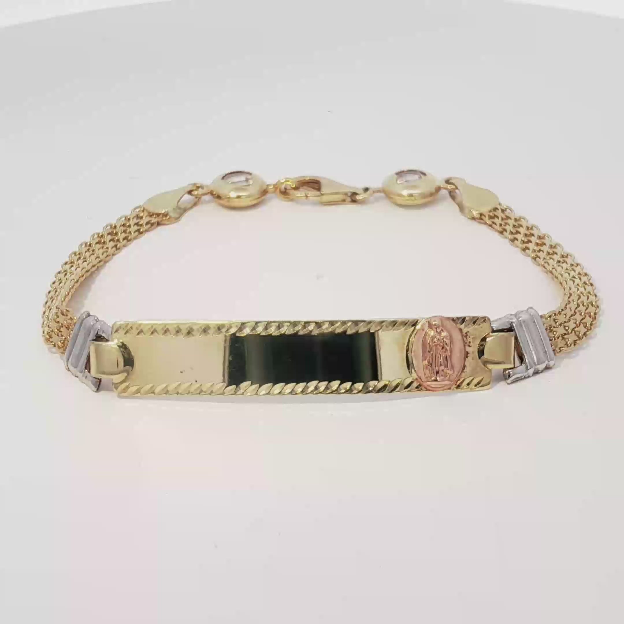 14k Tricolor ID Bracelet with Virgin Mary