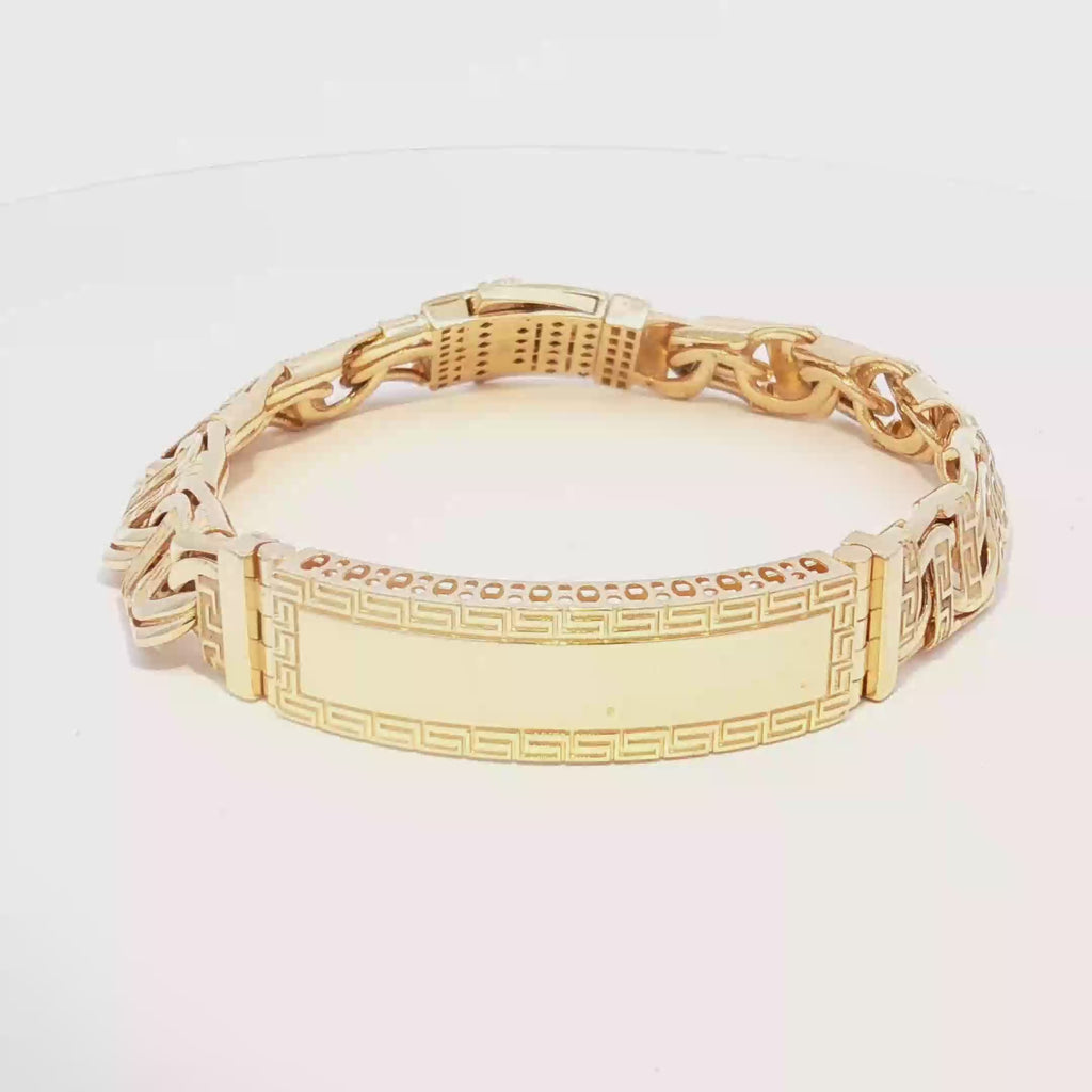 14K Gold Hollow Chino Link ID Bracelet with Greek Design 11mm