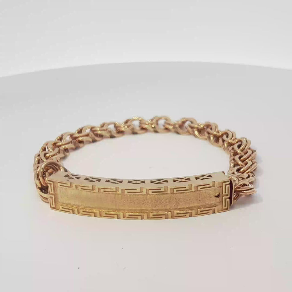 14K Gold Semi Hollow Chino Bracelet with Greek Design 8mm