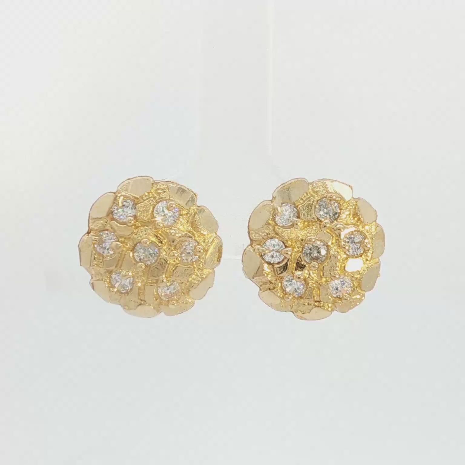 14K Nugget Stud Earrings with Round Brilliant Cubic Zirconia