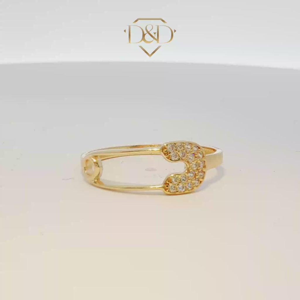14K Safety Pin Ring with CZ's