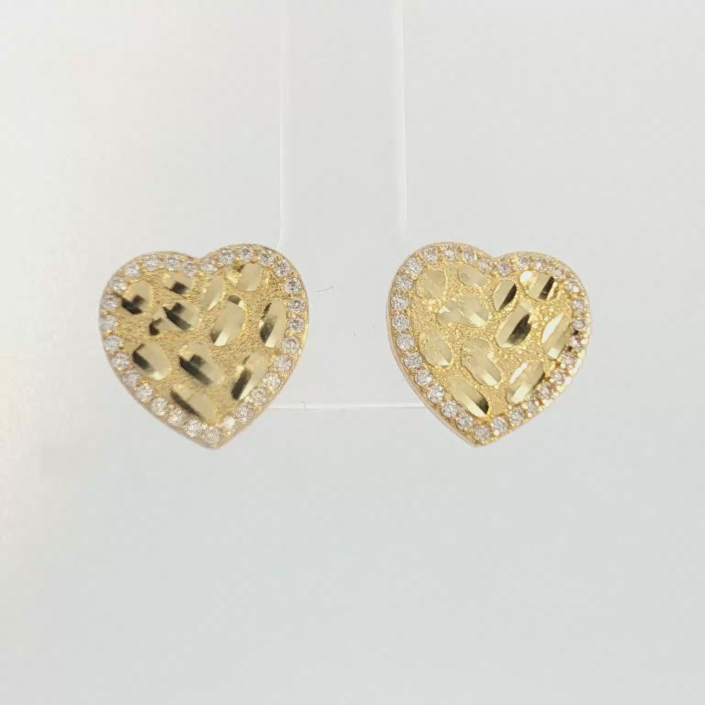 14k Flat Heart Stud Earrings with Round Brilliant Cubic Zirconia