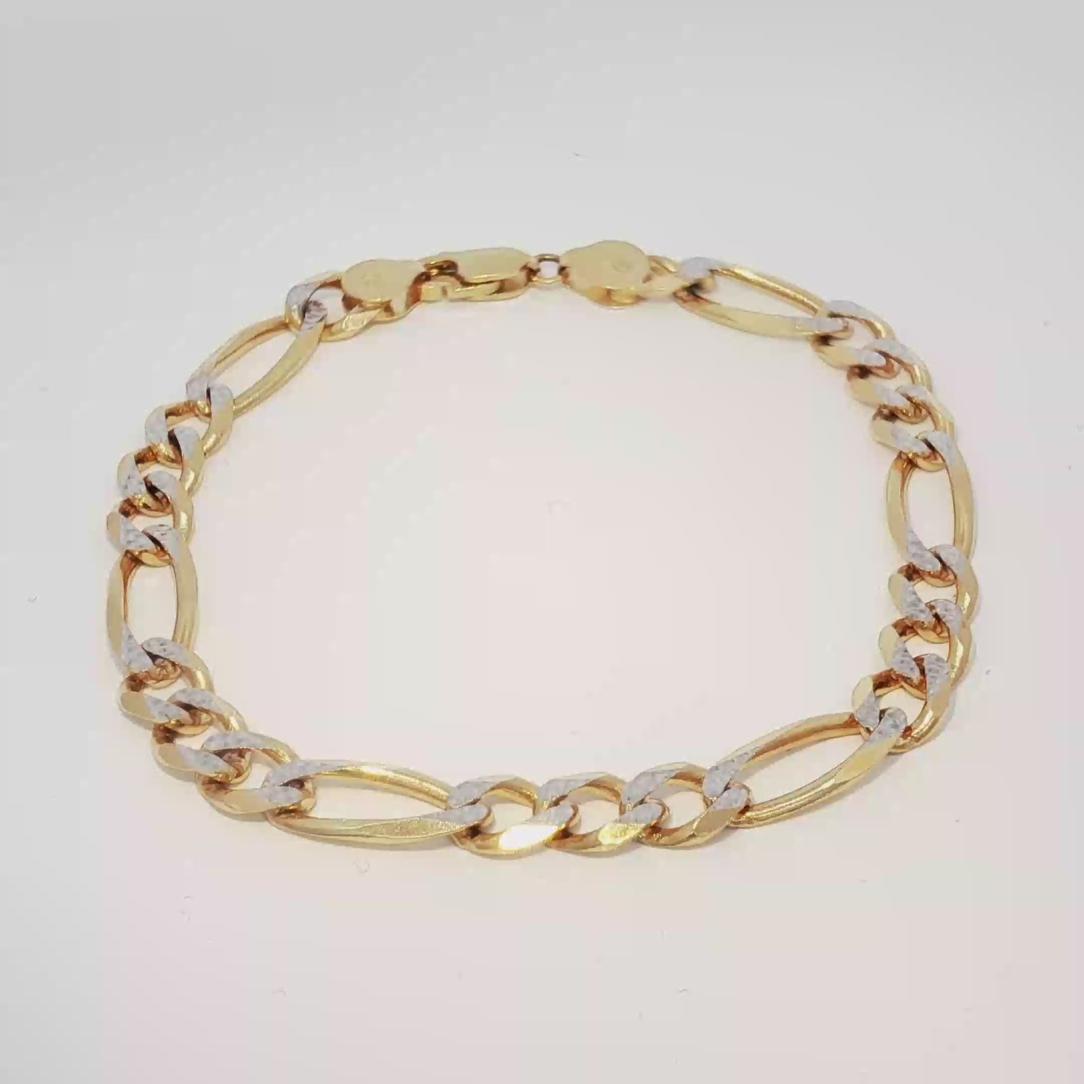 14K Gold Solid Figaro Bracelet With White Pave 7mm.