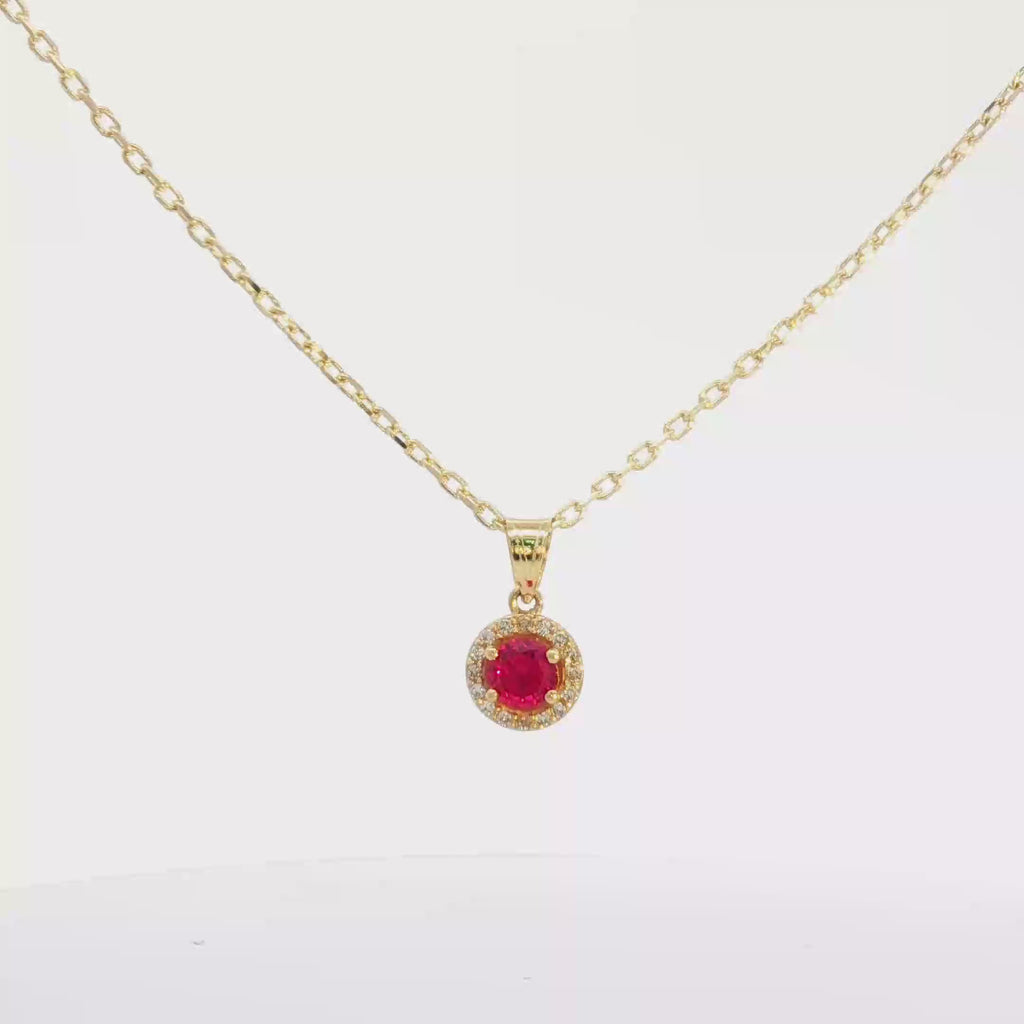 Yellow Gold Chain Necklace with Round Brilliant Red Cz Pendant