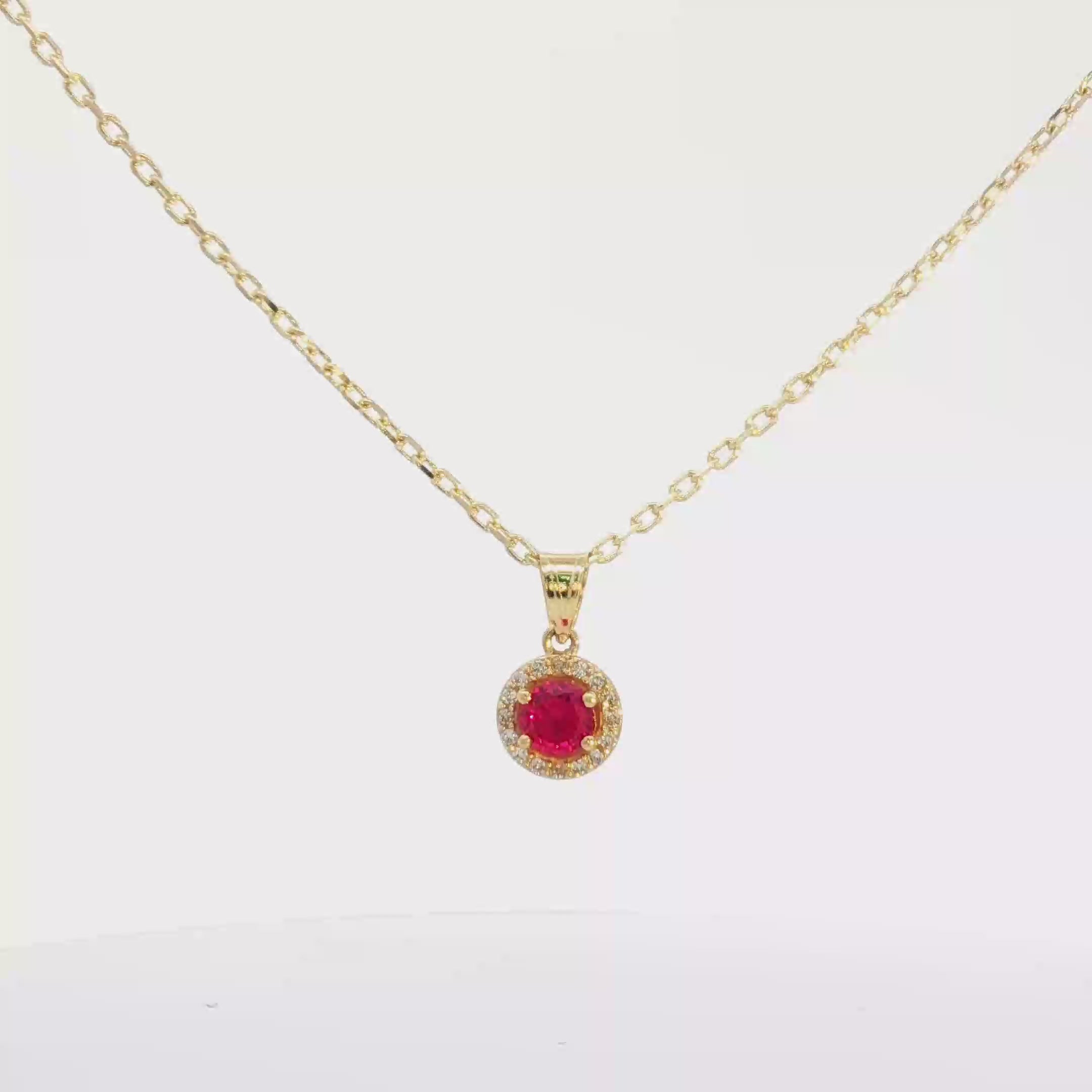 Yellow Gold Chain Necklace with Round Brilliant Red Cz Pendant